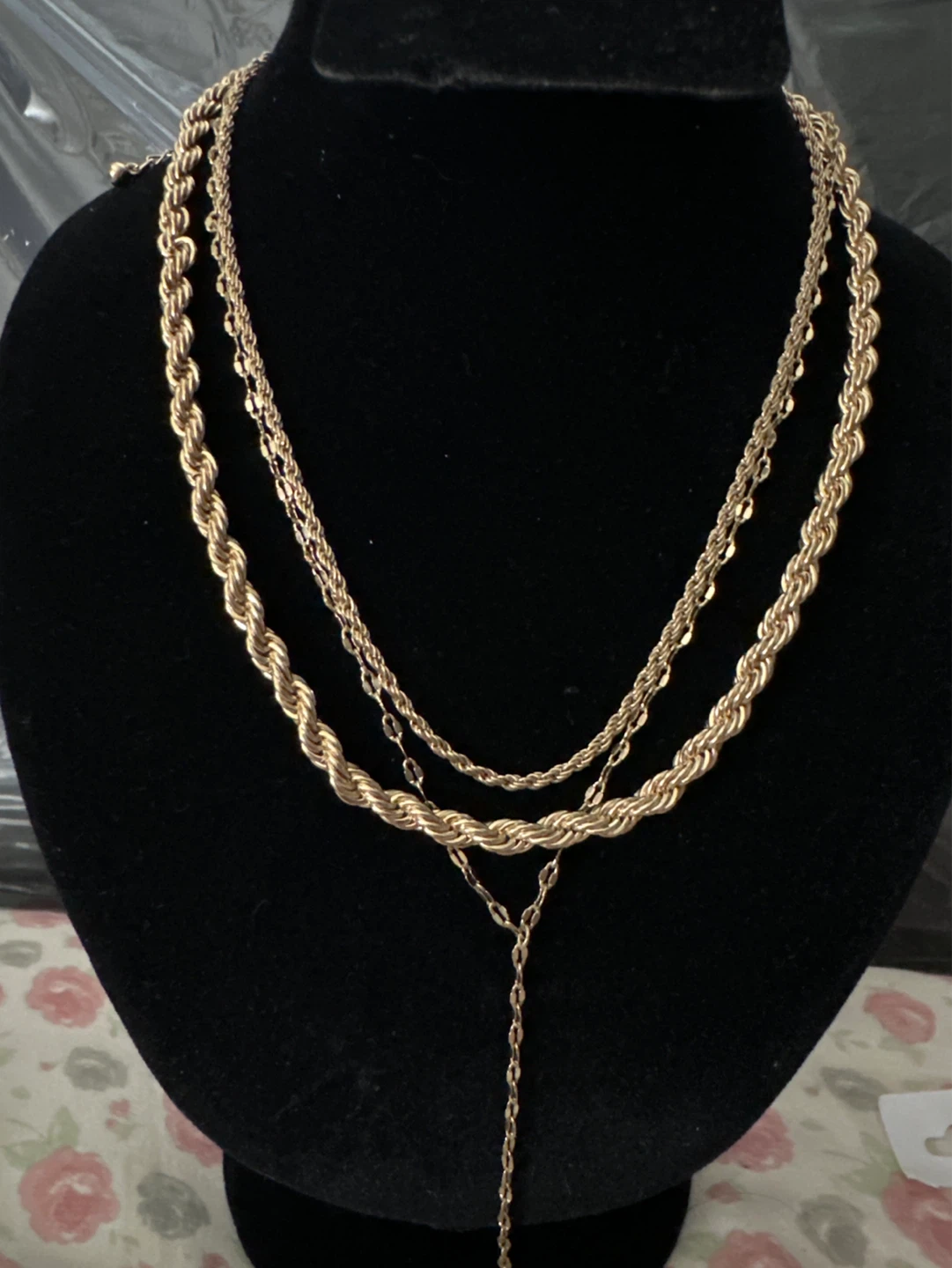 Gold Tone Layered Necklace with Bar Pendant