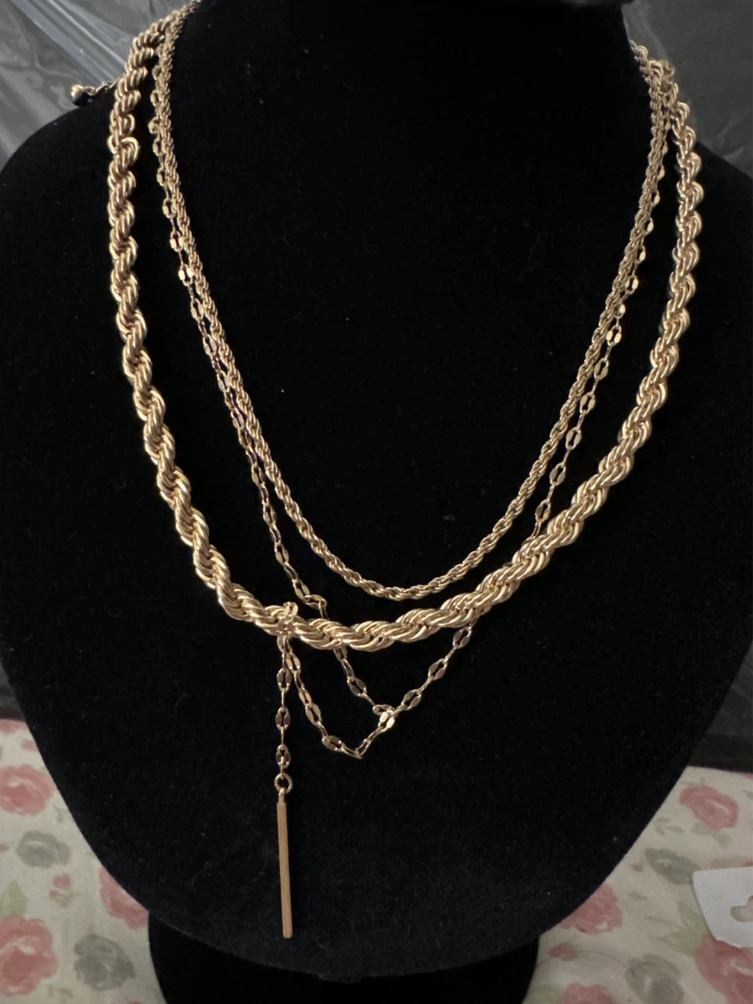Gold Tone Layered Necklace with Bar Pendant - photo 2