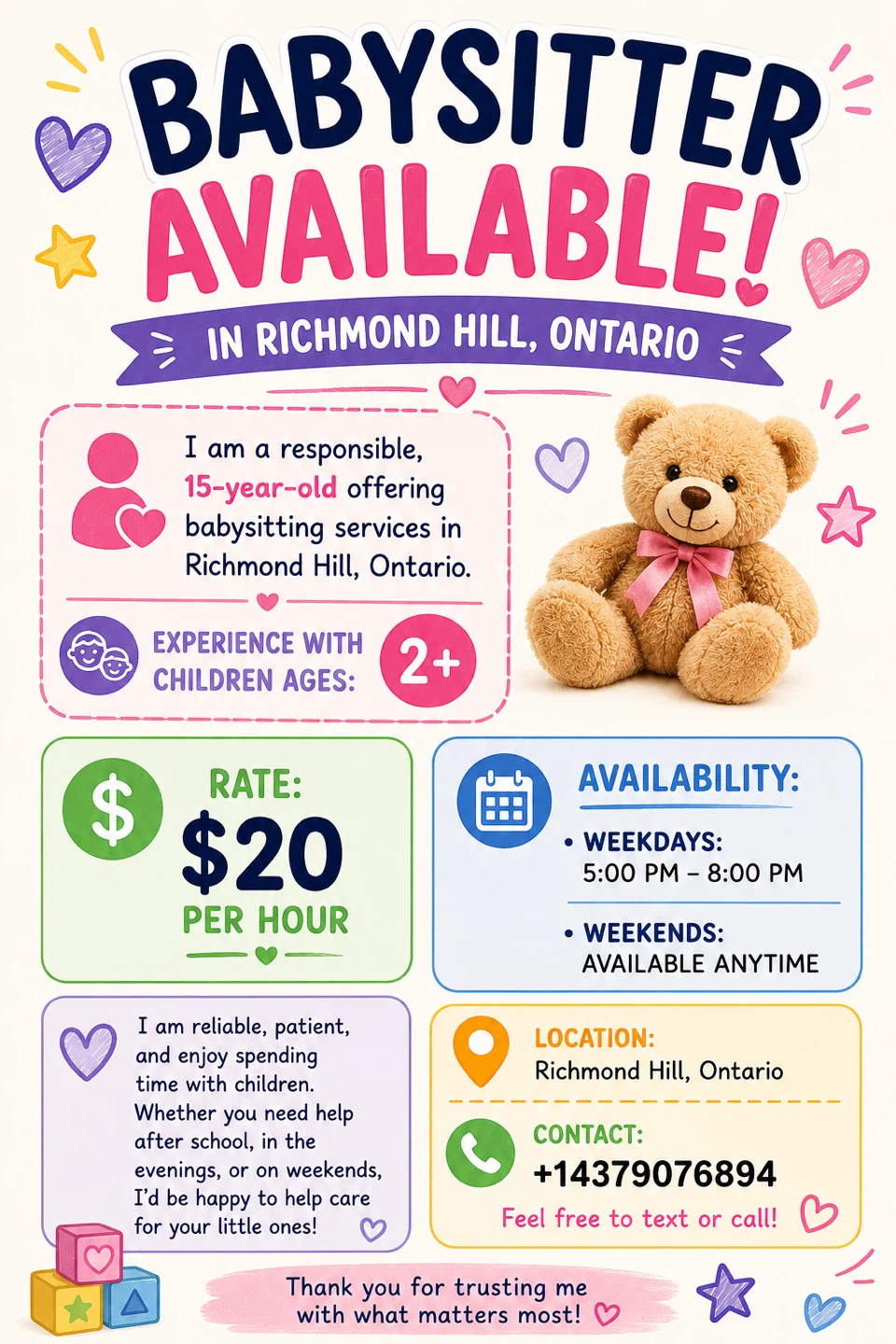 Babysitter Available in Richmond Hill, Ontario