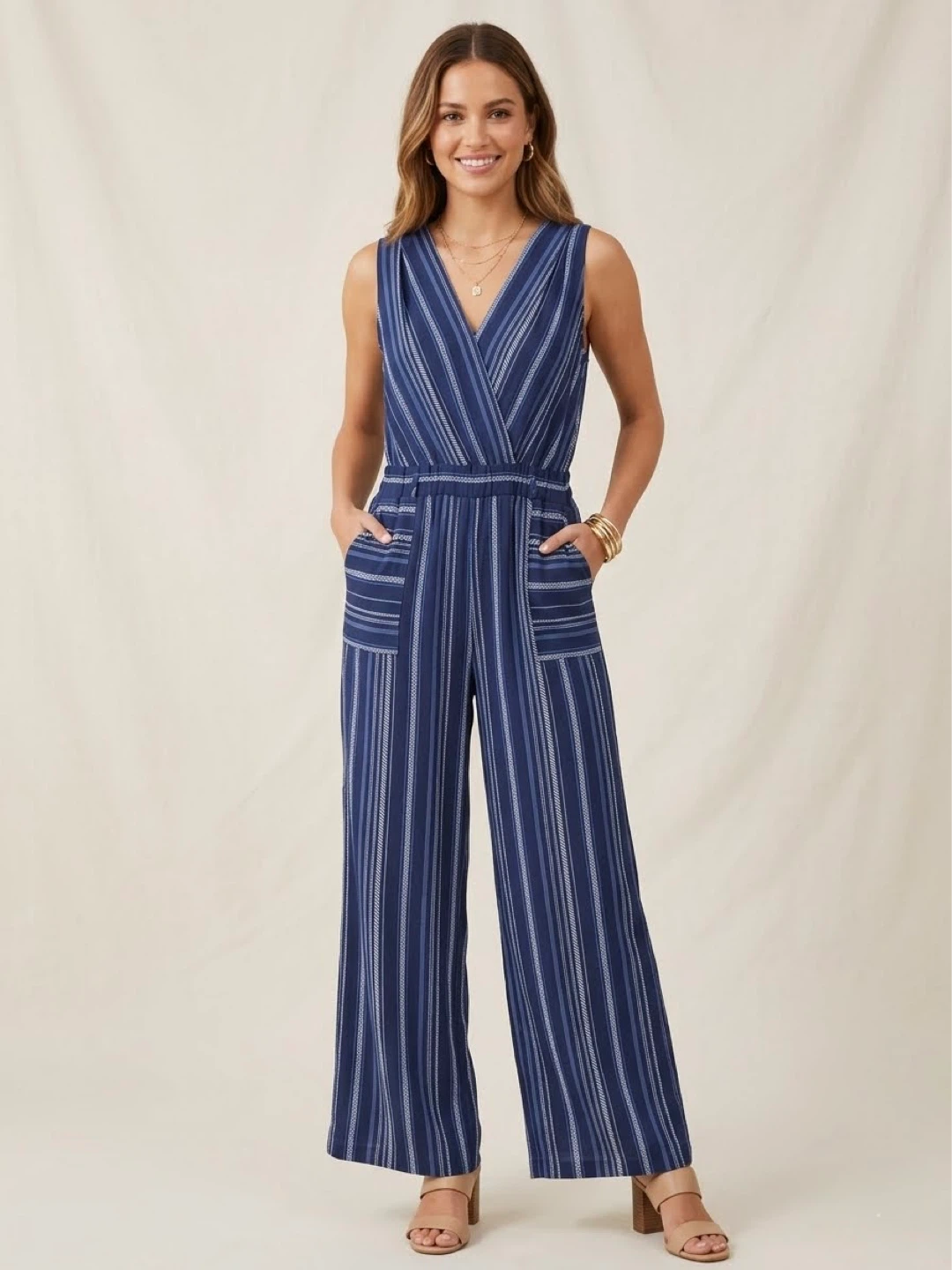 Monteau Navy Blue Striped Jumpsuit - Size Large