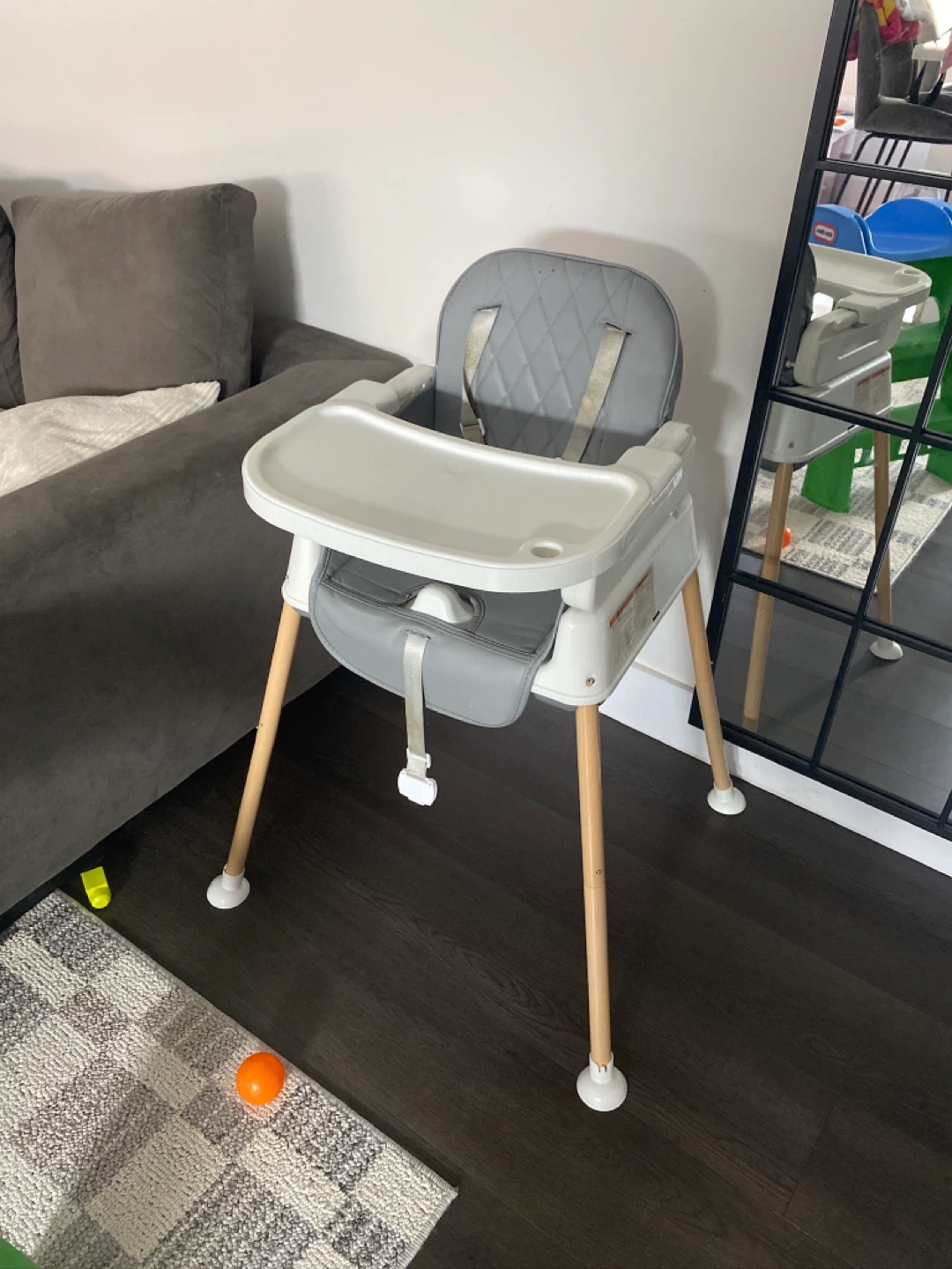 Grey High Chair with Wooden Legs