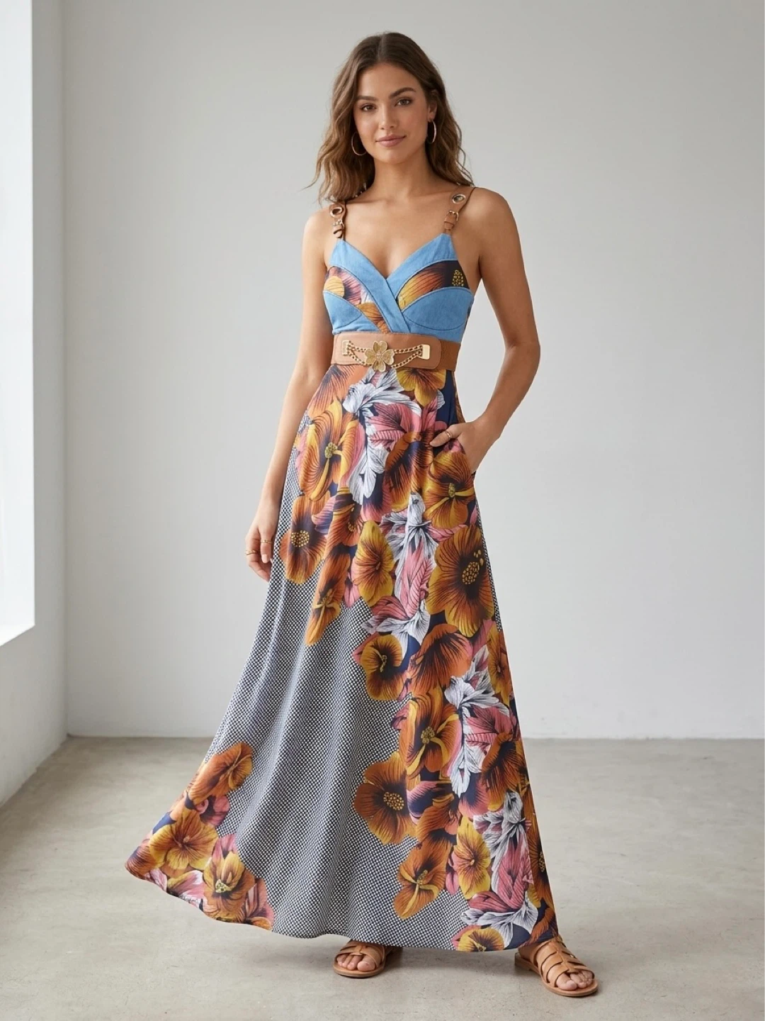 Kessley Floral Maxi Dress with Belt - Size Medium