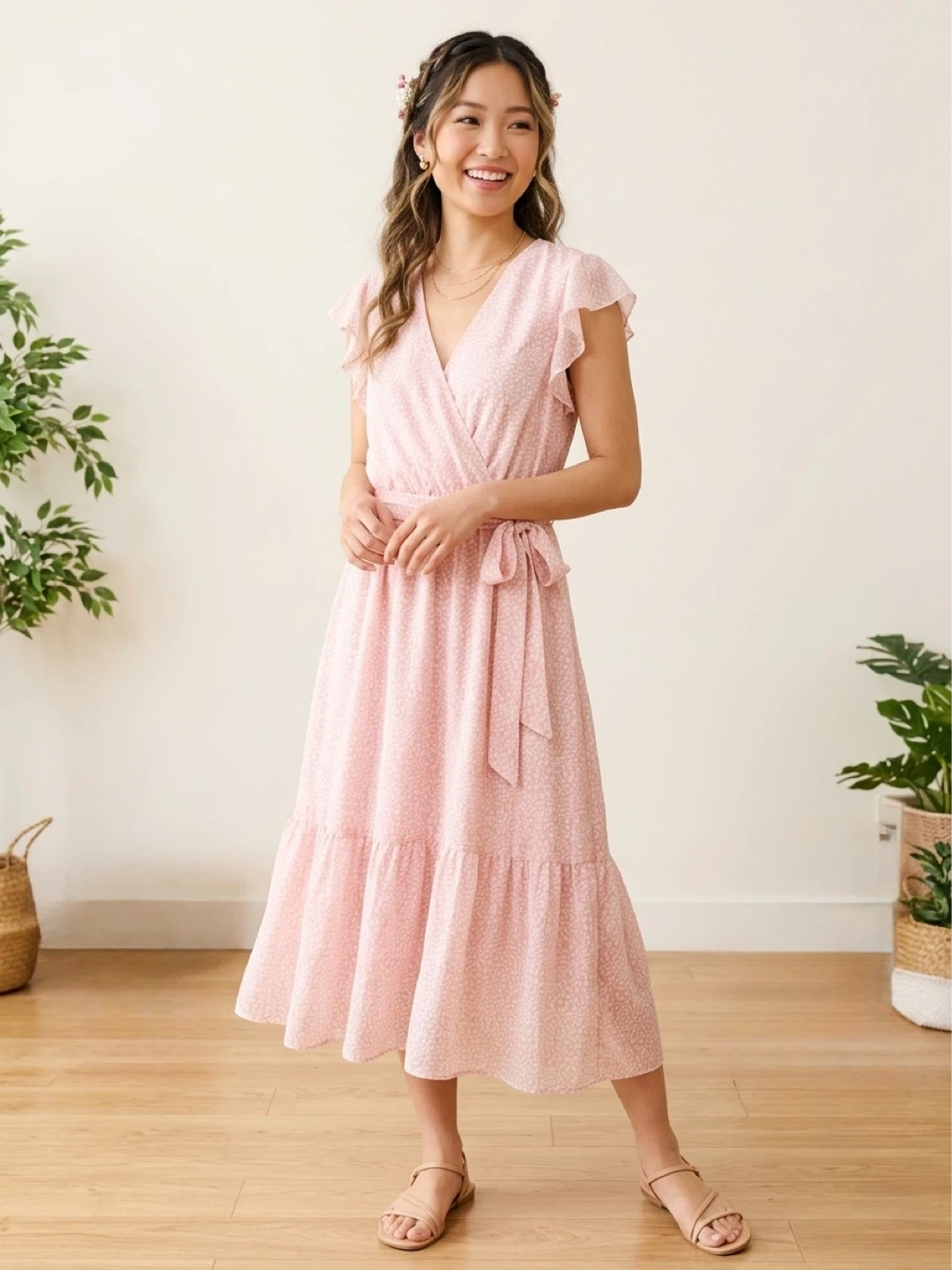 Dazosue Pink & White Animal Print Midi Dress - Size Small