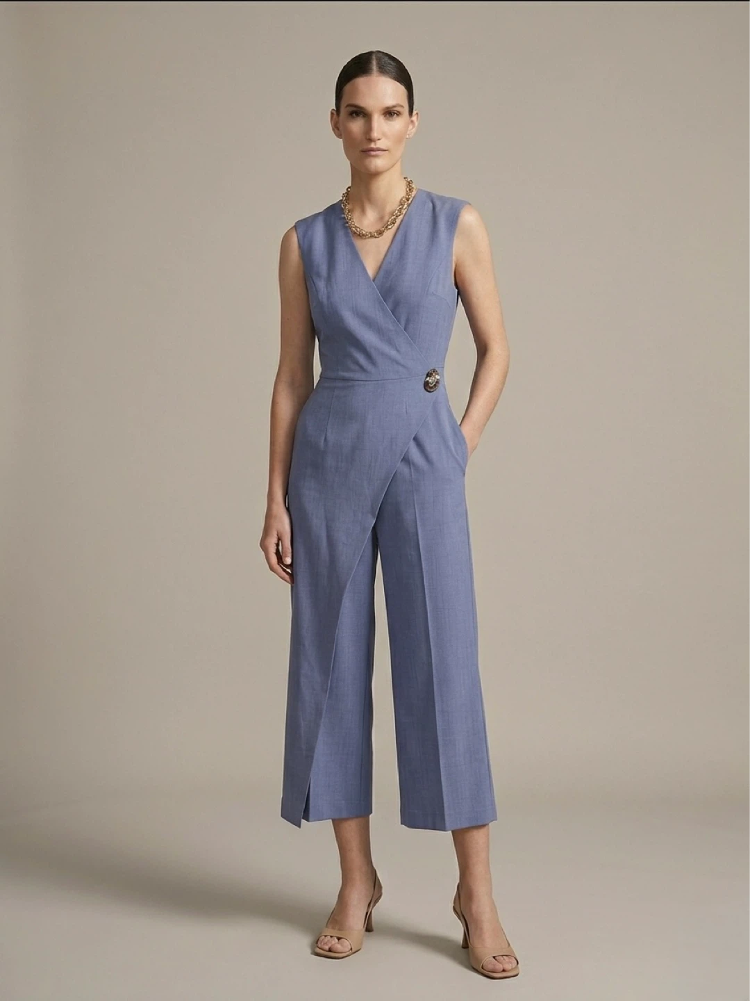 Oak + Fort Slate Blue Wrap Wide Leg Jumpsuit - Size Medium