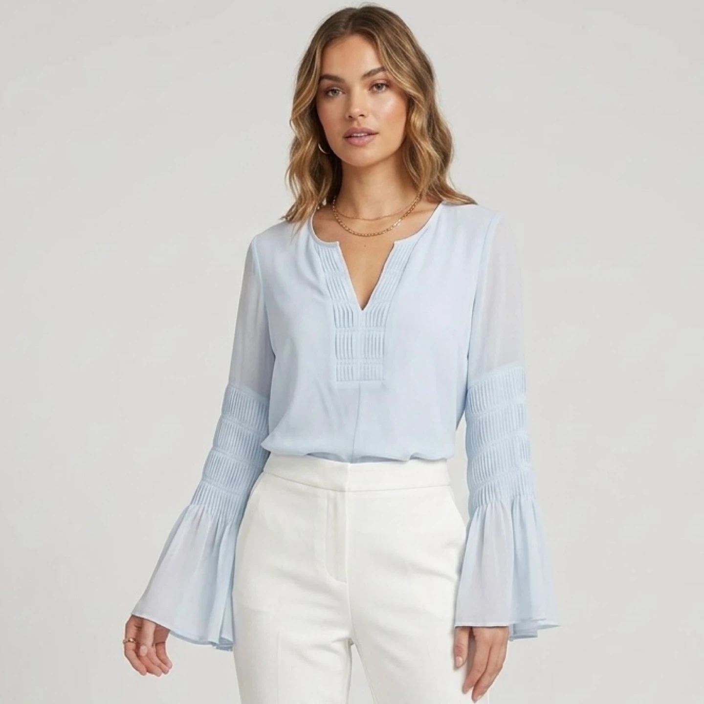 H Halston Light Blue Statement Flare Sleeve Blouse - Size Medium