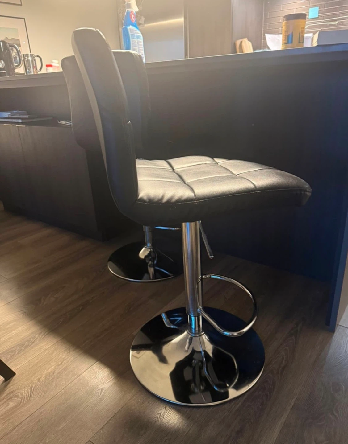 Adjustable Swivel Bar Stool - Black Faux Leather - photo 2