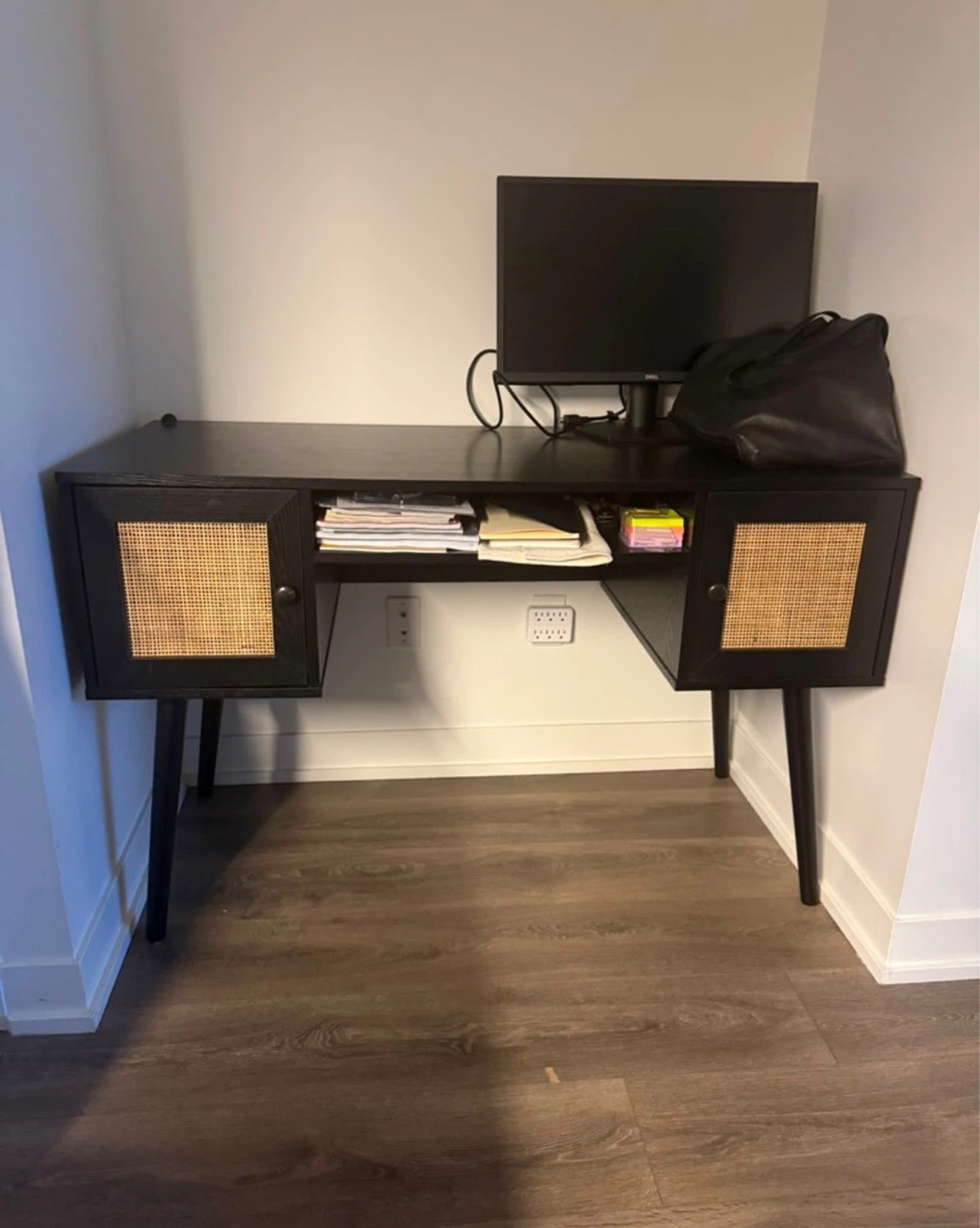 Black Modern Desk with Cane Doors
