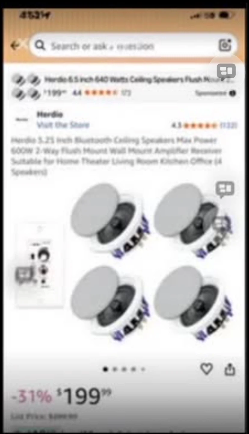 Herdio 5.25 Inch Bluetooth Ceiling Speakers 4-Pack