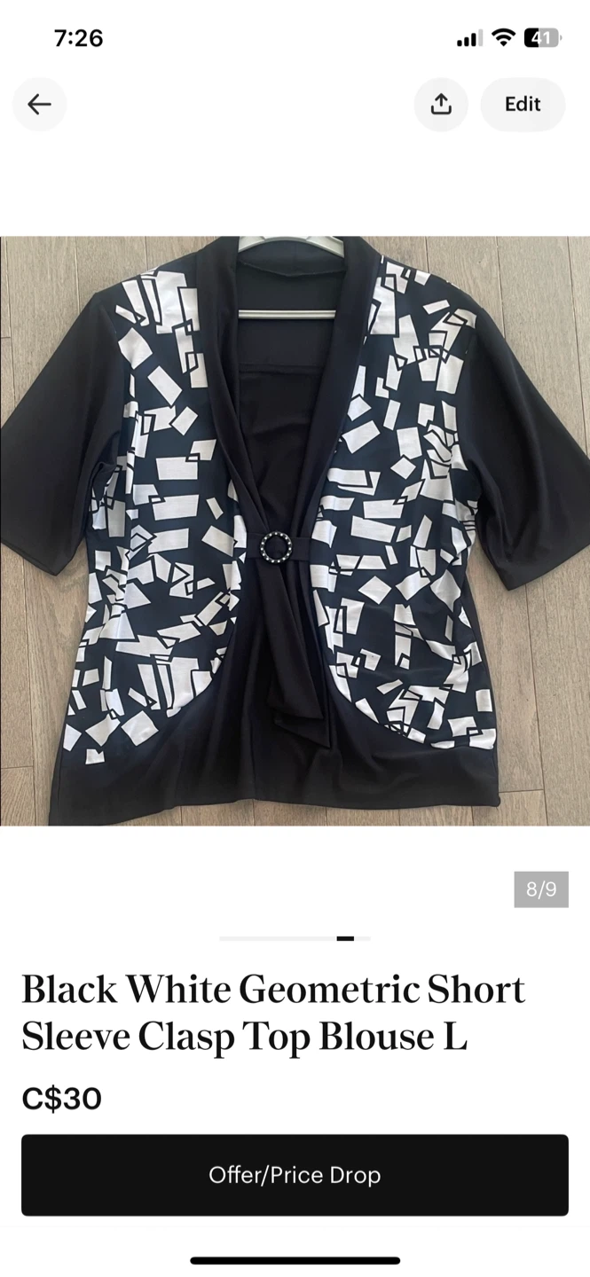 Black White Geometric Short Sleeve Clasp Top Blouse L