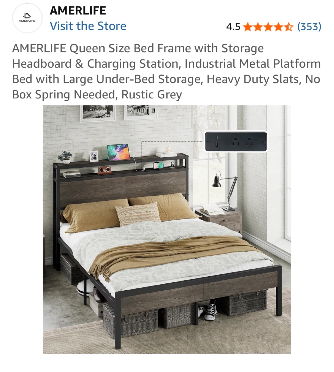 AMERLIFE Queen Size Bed Frame with Headboard & Charging Station