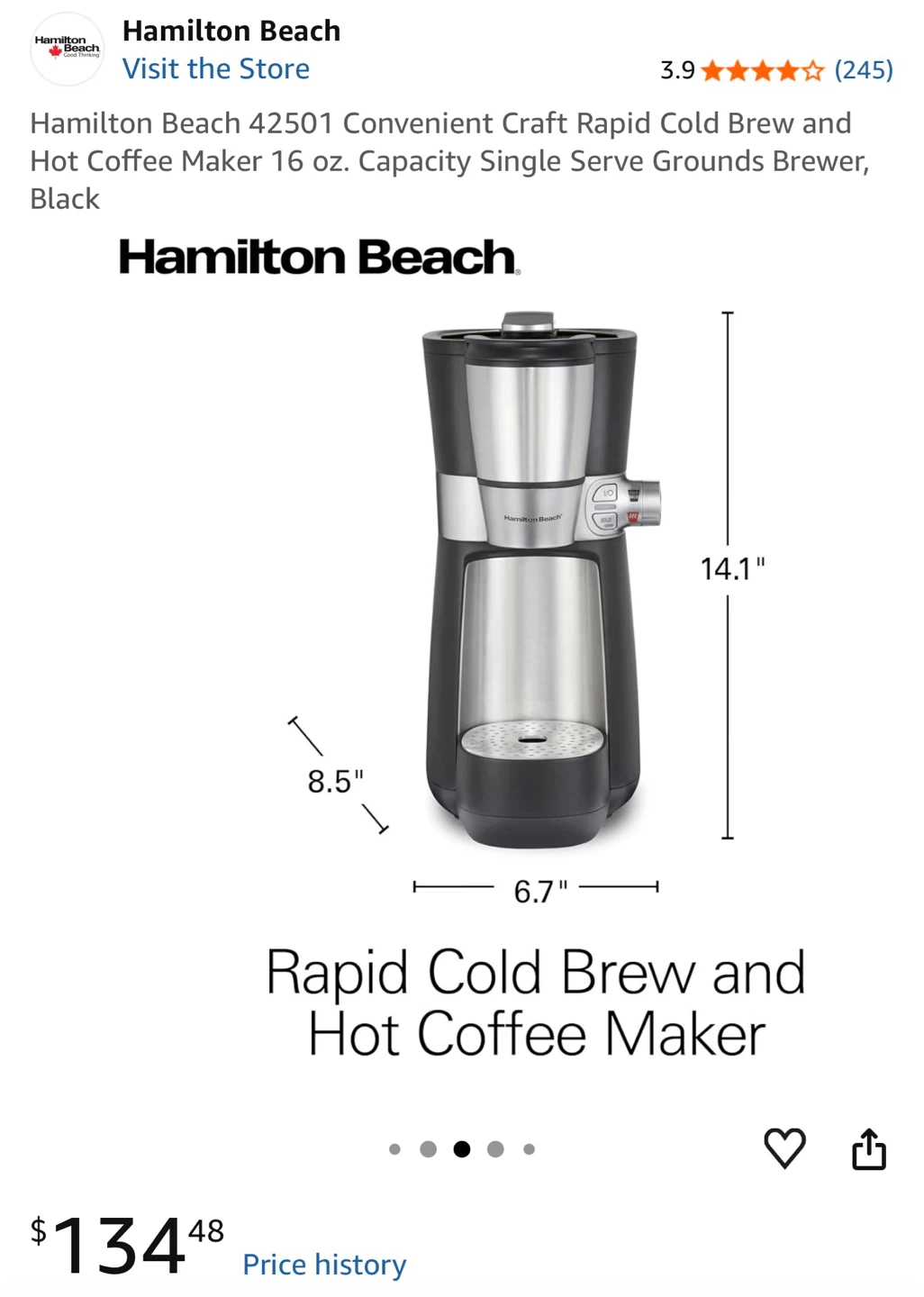 Hamilton Beach Rapid Cold Brew and Hot Coffee Maker 16 oz