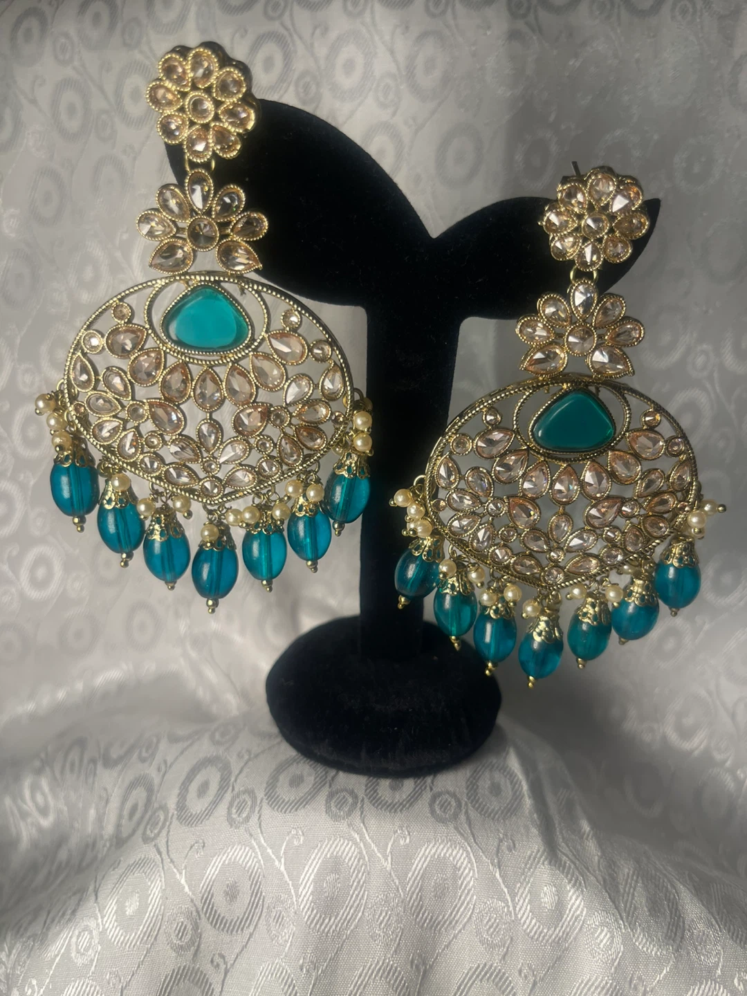 Large Teal & Gold Chandelier Earrings with Tikka