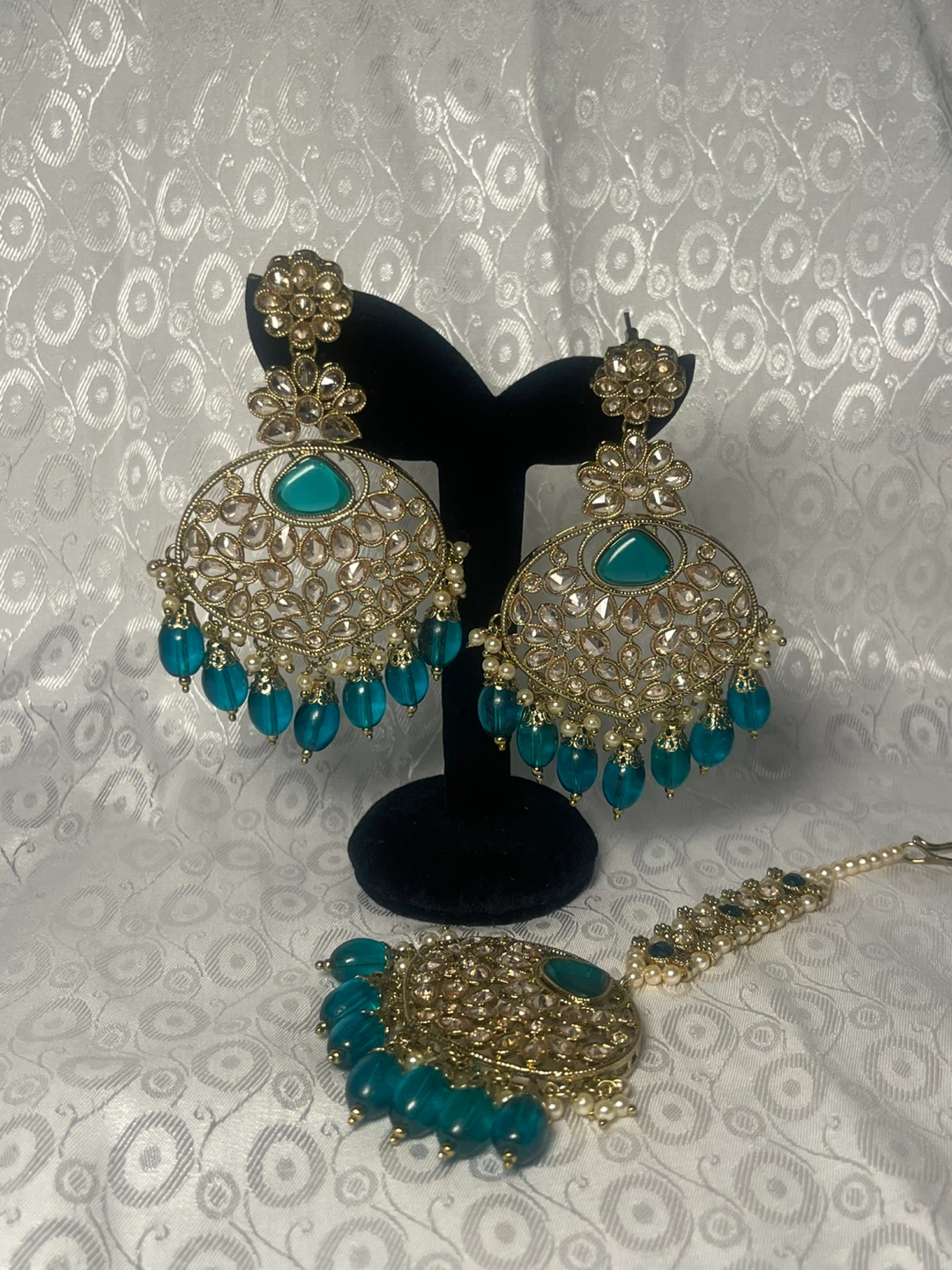 Large Teal & Gold Chandelier Earrings with Tikka - photo 2