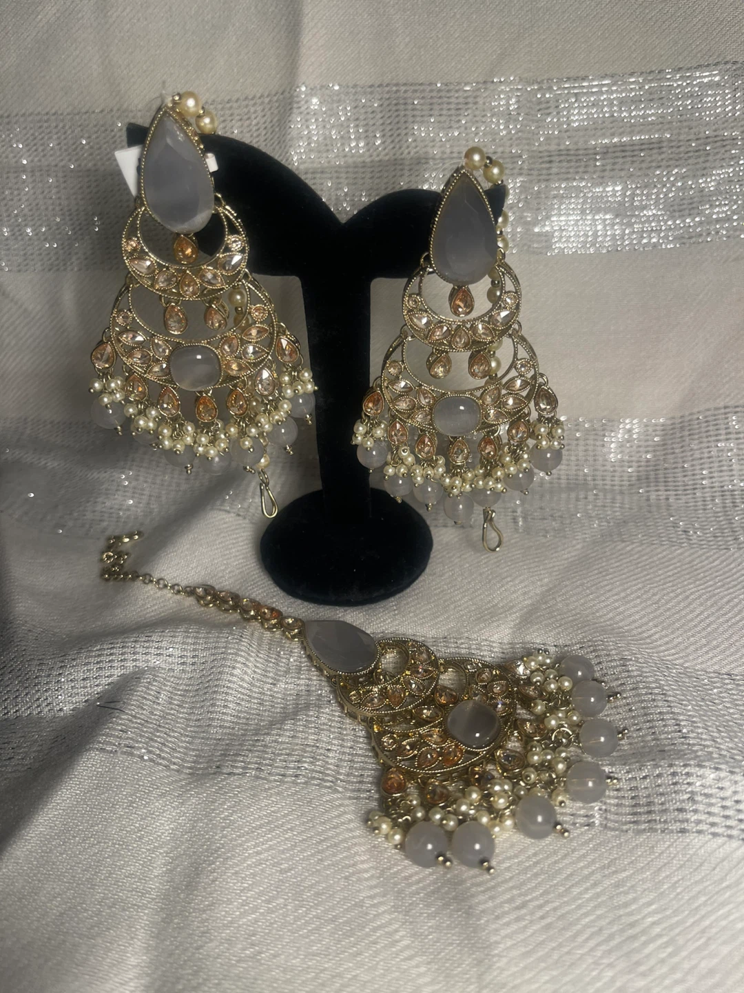 Gold Chandelier Earrings with Grey Stones and Tikka