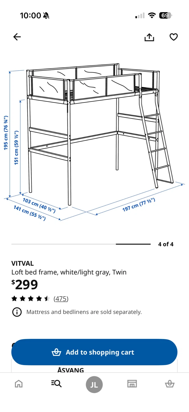 IKEA VITVAL Twin Loft Bed Frame, White/Light Gray - photo 3