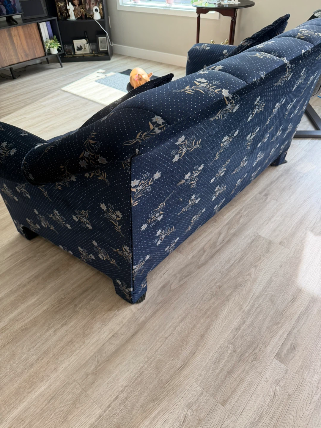 Blue Floral Sofa with Throw Pillows