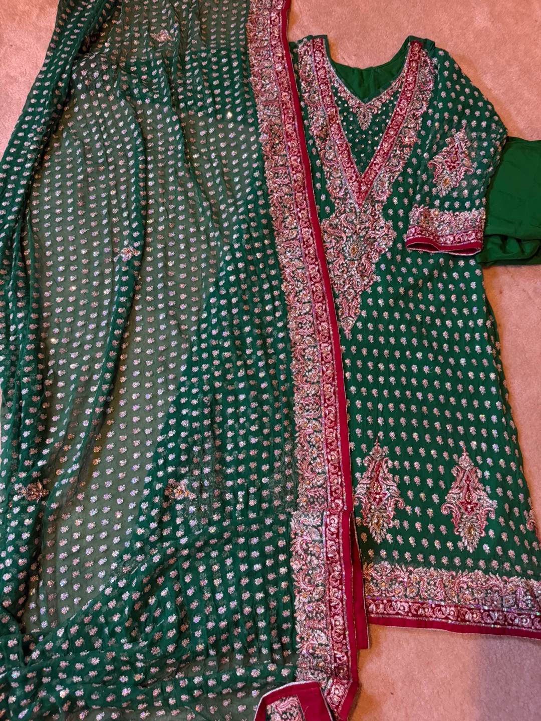 Green Embroidered Indian Suit with Dupatta - photo 3