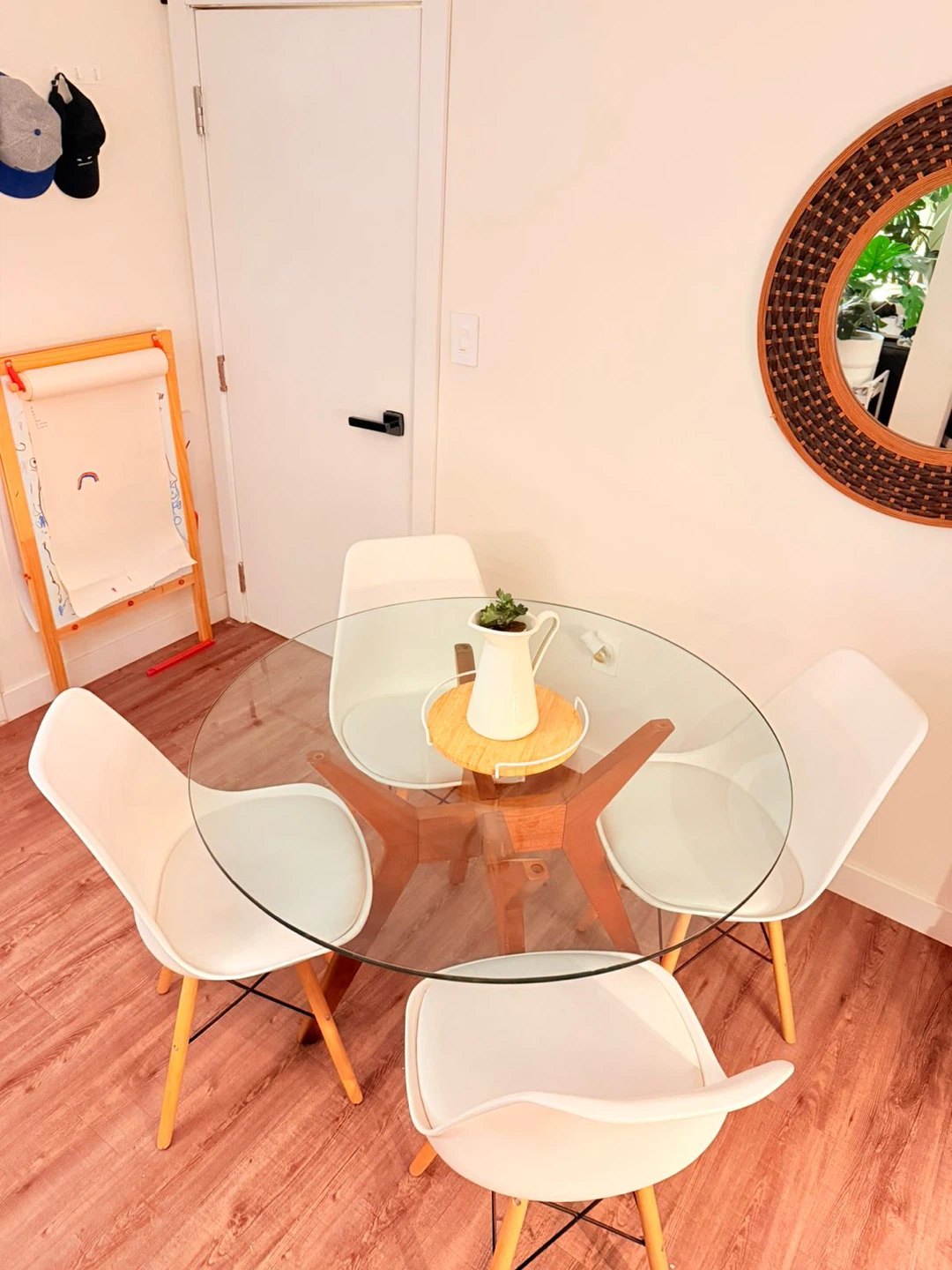 Glass Top Dining Table with 4 White Chairs