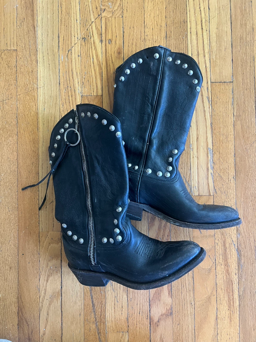 Black Studded Leather Cowboy Boots