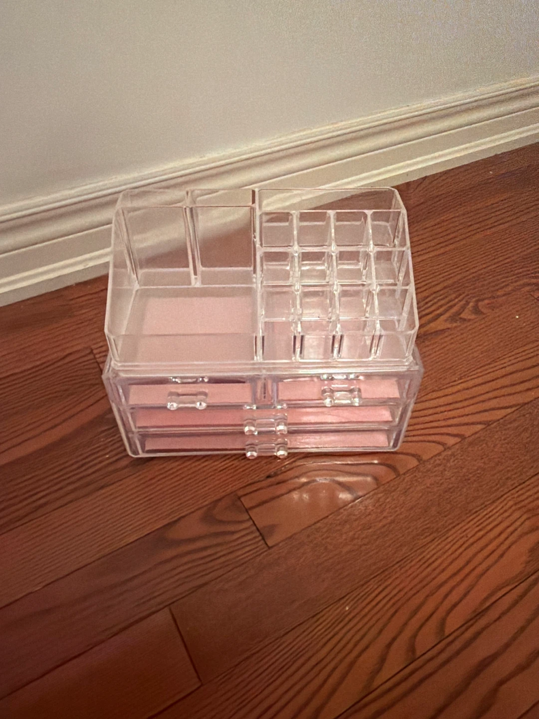Clear Acrylic Makeup Organizer with Pink Lined Drawers