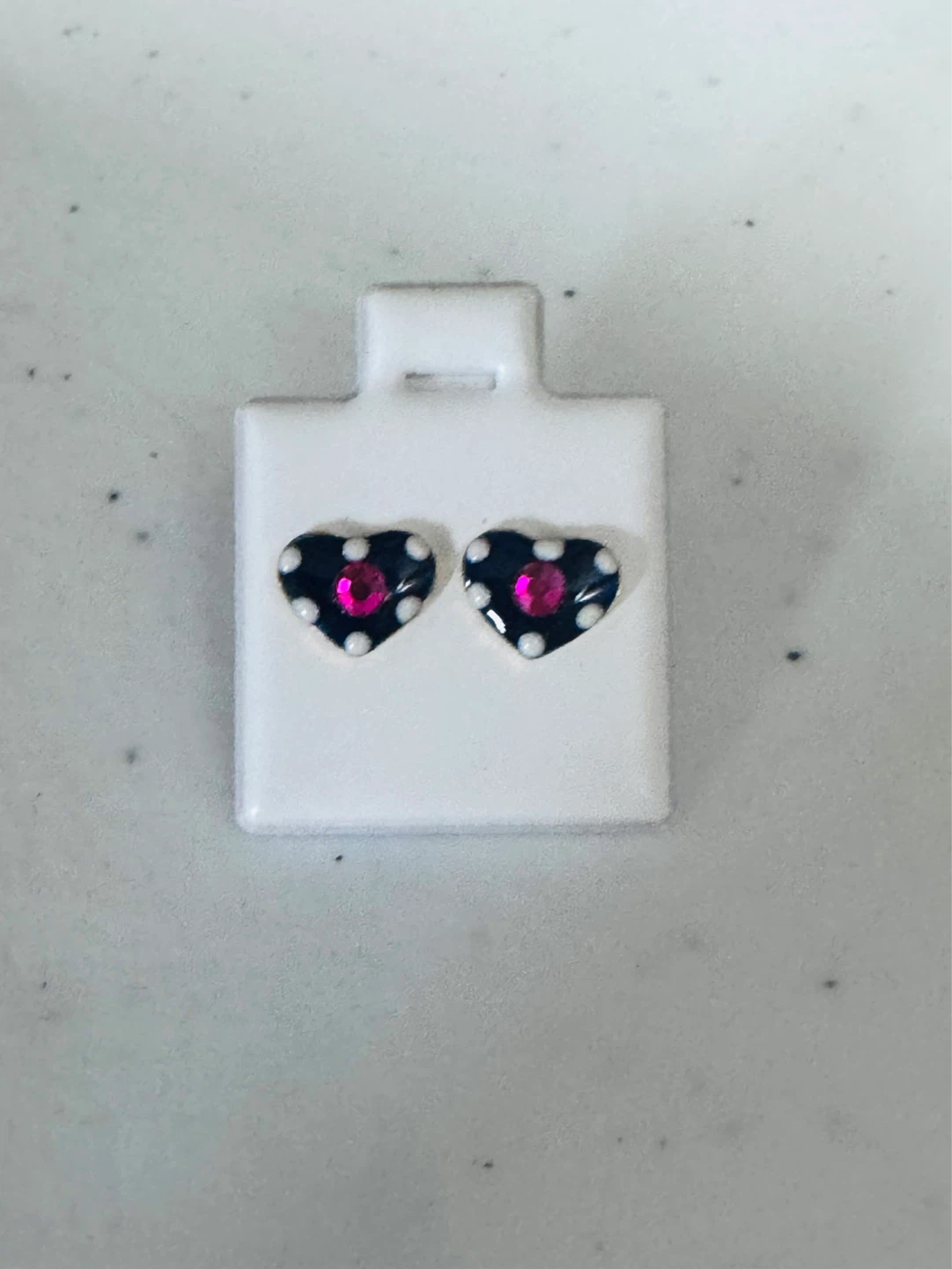 ⚽️ Royal Navy Blue, White Polka Dots Heart Earrings Pink Stones! - photo 3