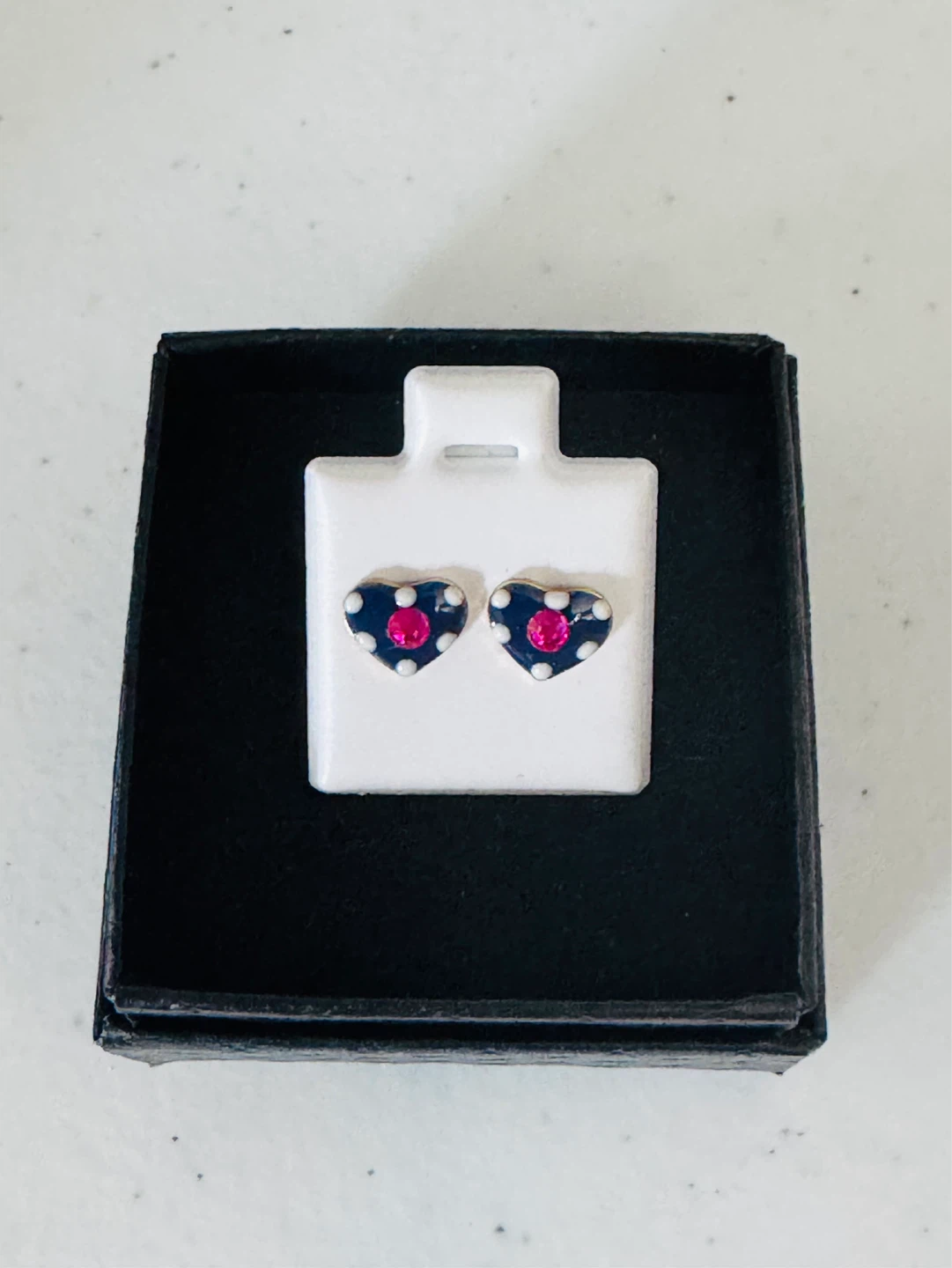⚽️ Royal Navy Blue, White Polka Dots Heart Earrings Pink Stones! - photo 4