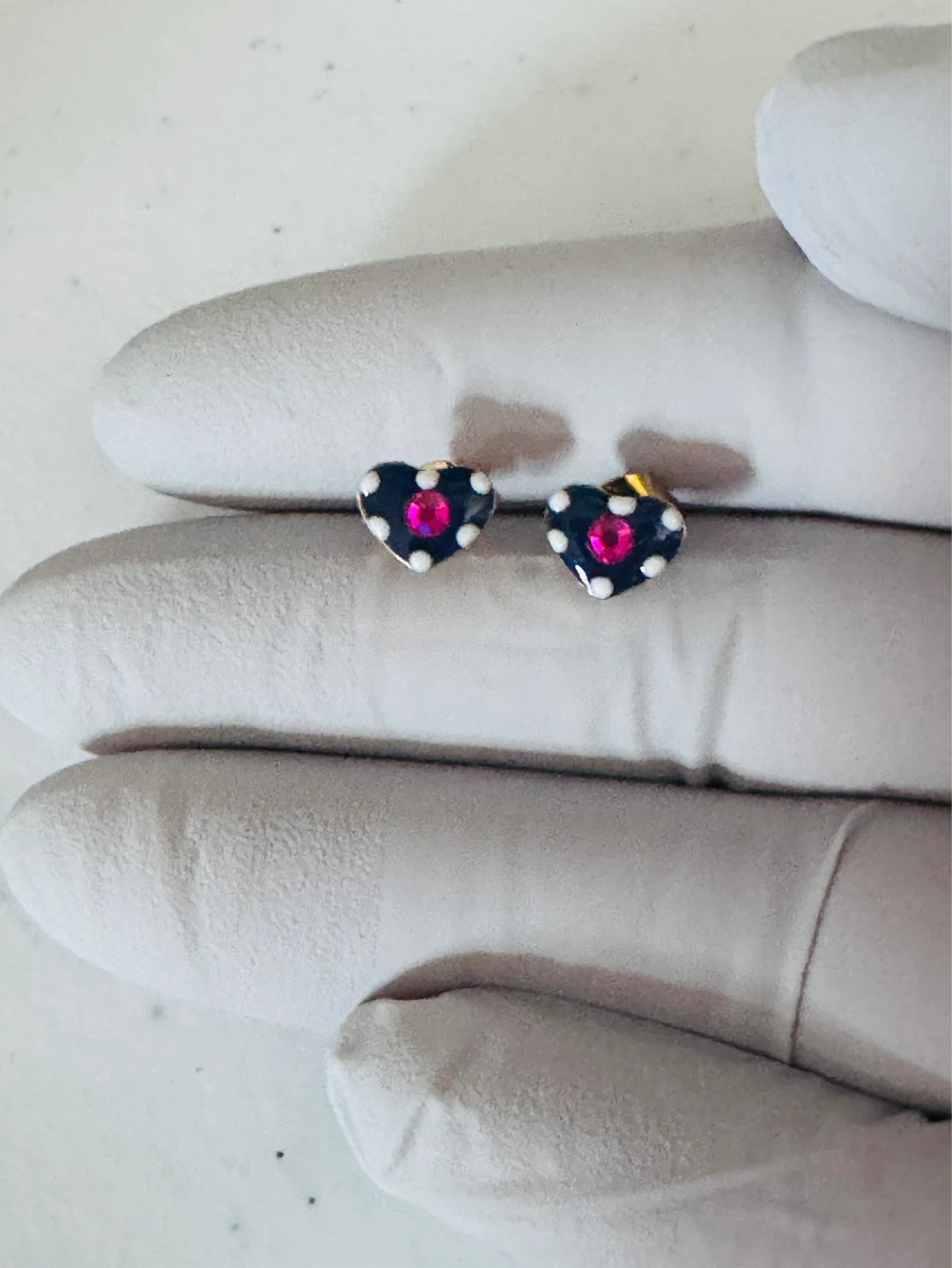 ⚽️ Royal Navy Blue, White Polka Dots Heart Earrings Pink Stones! - photo 2