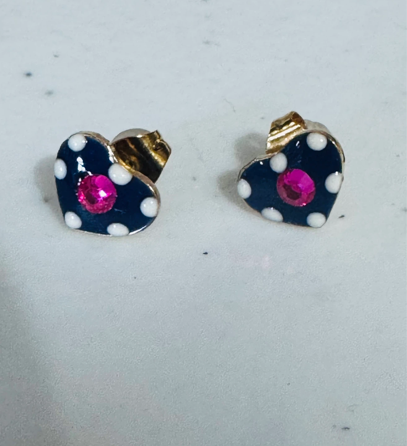 ⚽️ Royal Navy Blue, White Polka Dots Heart Earrings Pink Stones!
