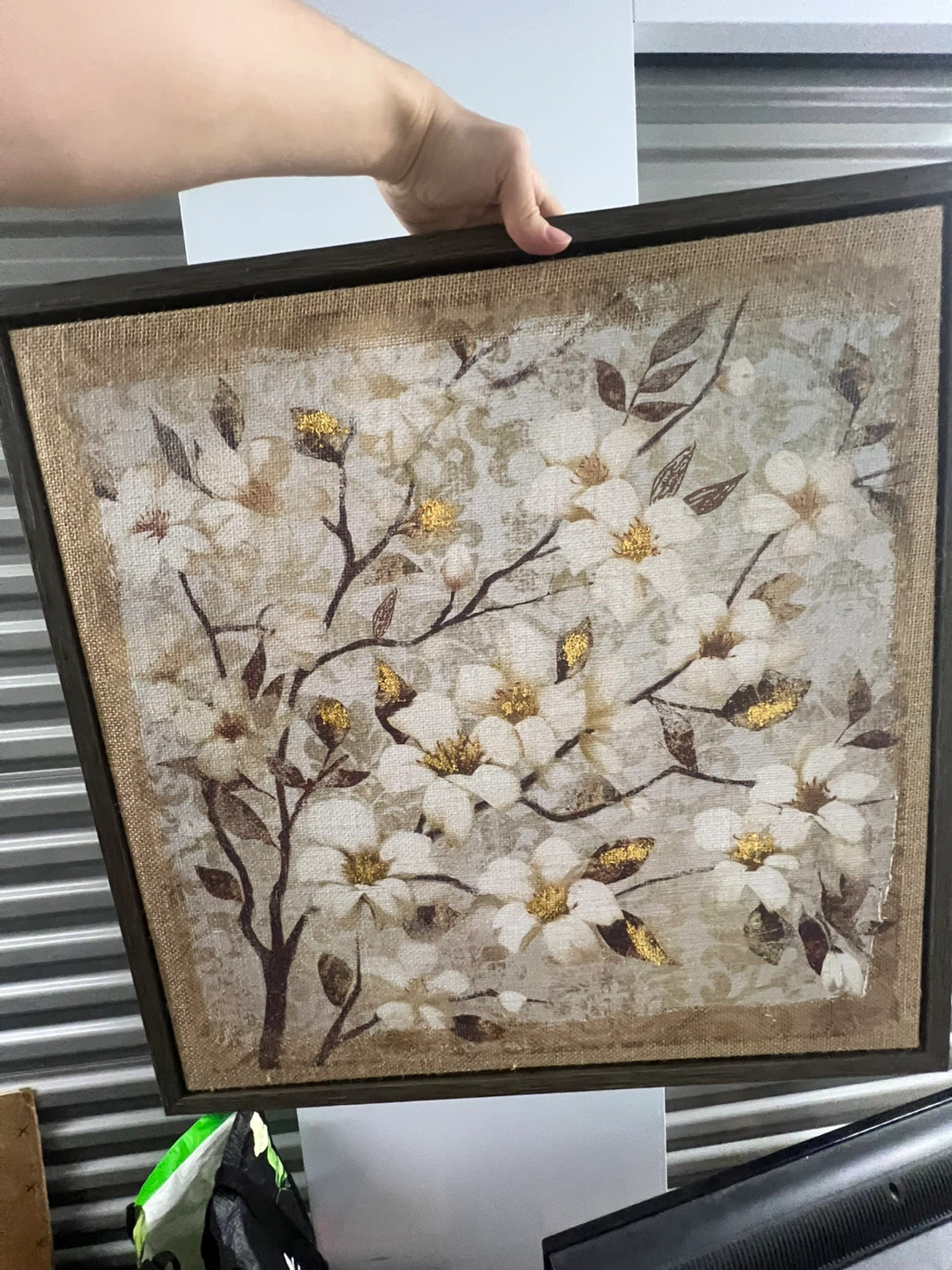 Framed Canvas Wall Art White Magnolia Flowers with Gold Accents