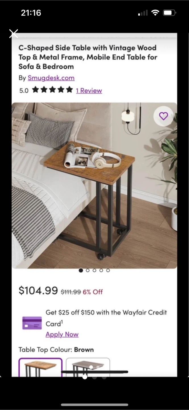 C-Shaped Side Table with Wheels
