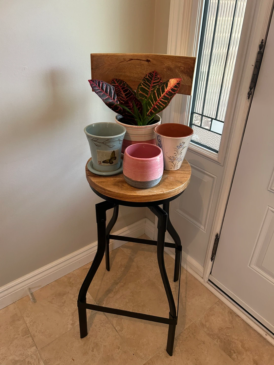 REPURPOSED BARSTOOL WITH PLANT & POTS (READ LISTING)