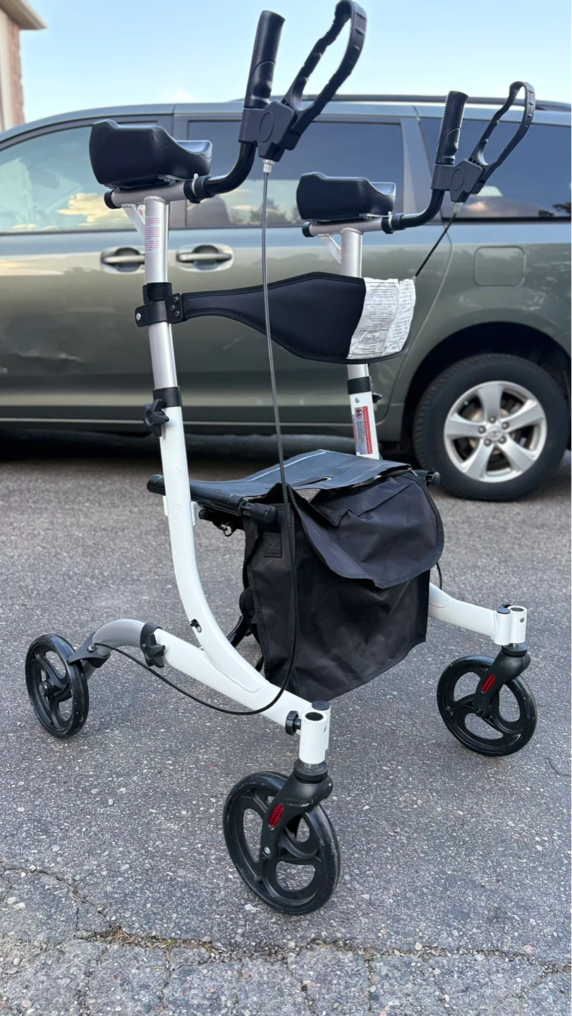 White 4-Wheel Walker with Seat and Bag