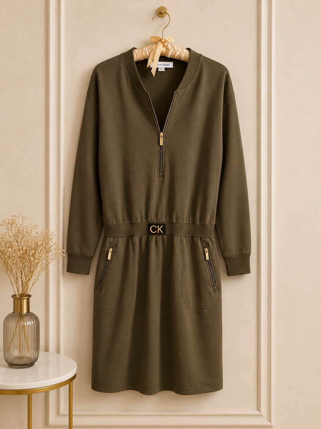 Calvin Klein Green Quarter Zip Sweatshirt Dress with Pockets