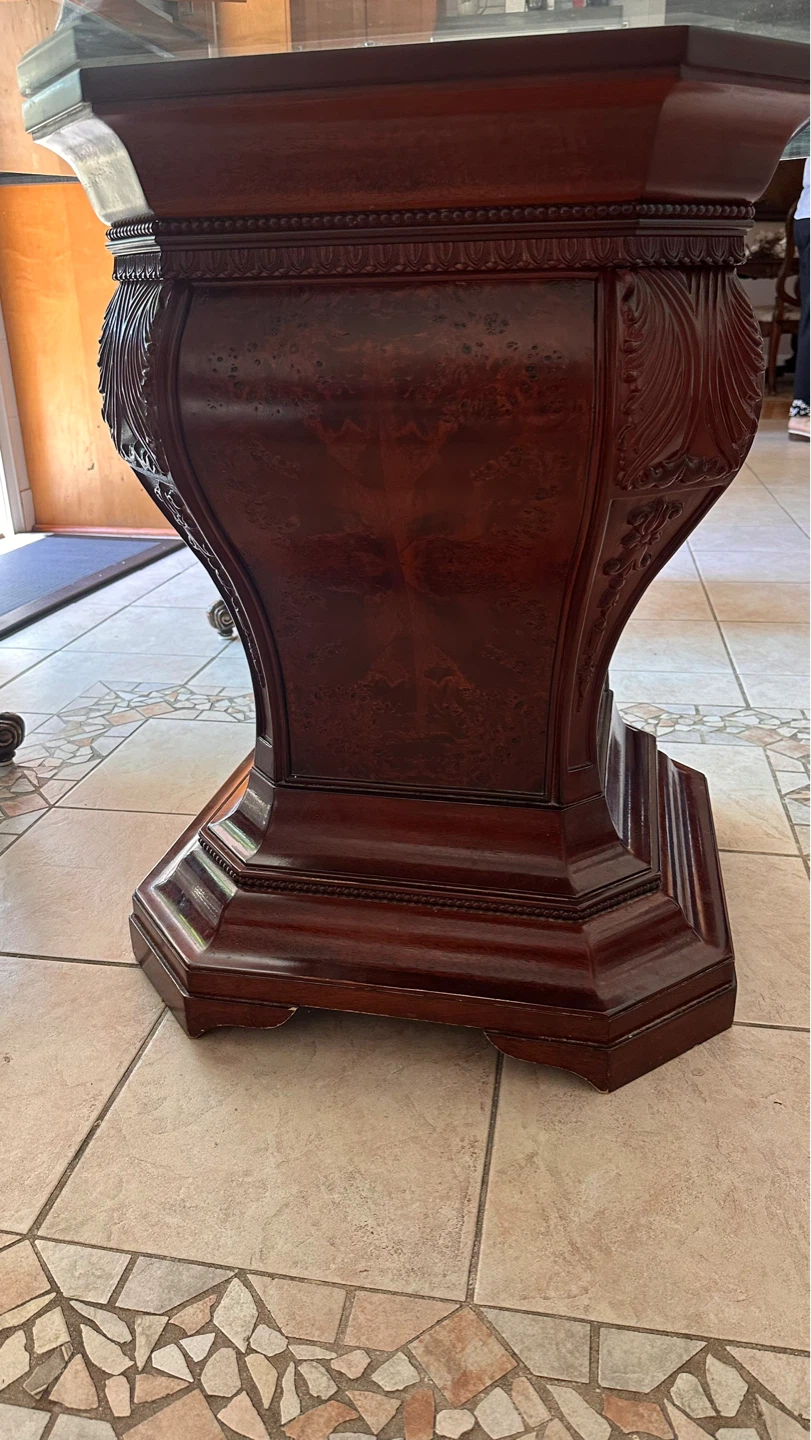 Round Glass Top Dining Table with Carved Wood Pedestal Base - photo 2