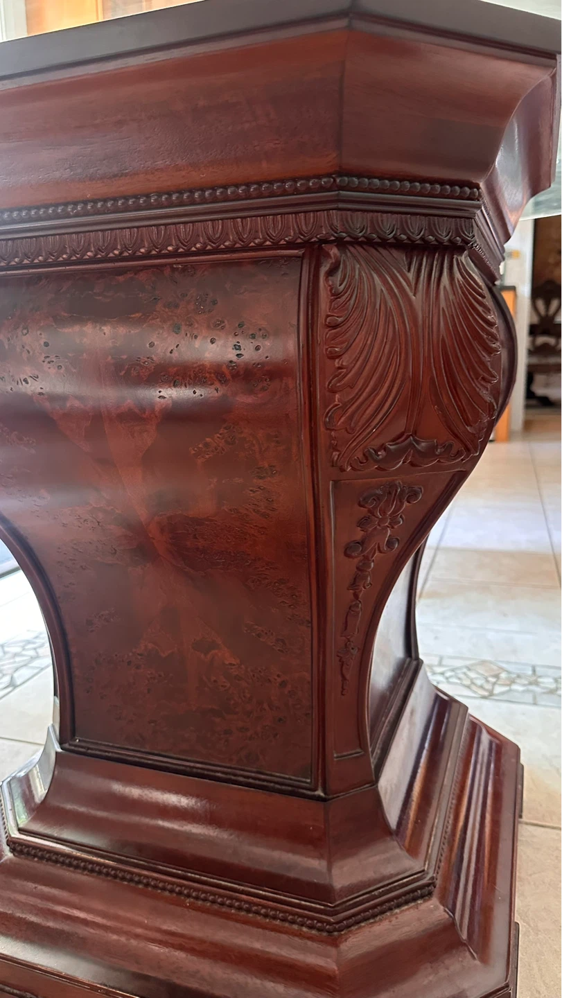 Round Glass Top Dining Table with Carved Wood Pedestal Base - photo 4