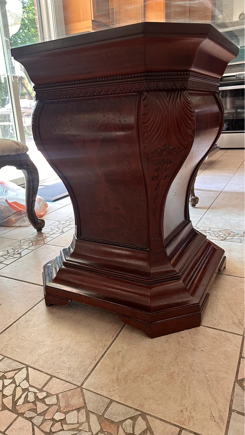 Round Glass Top Dining Table with Carved Wood Pedestal Base - photo 3
