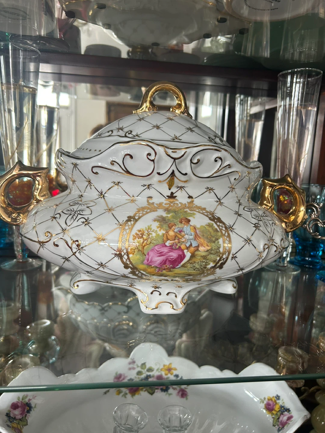 Ornate White Porcelain Footed Bowl with Gold Trim