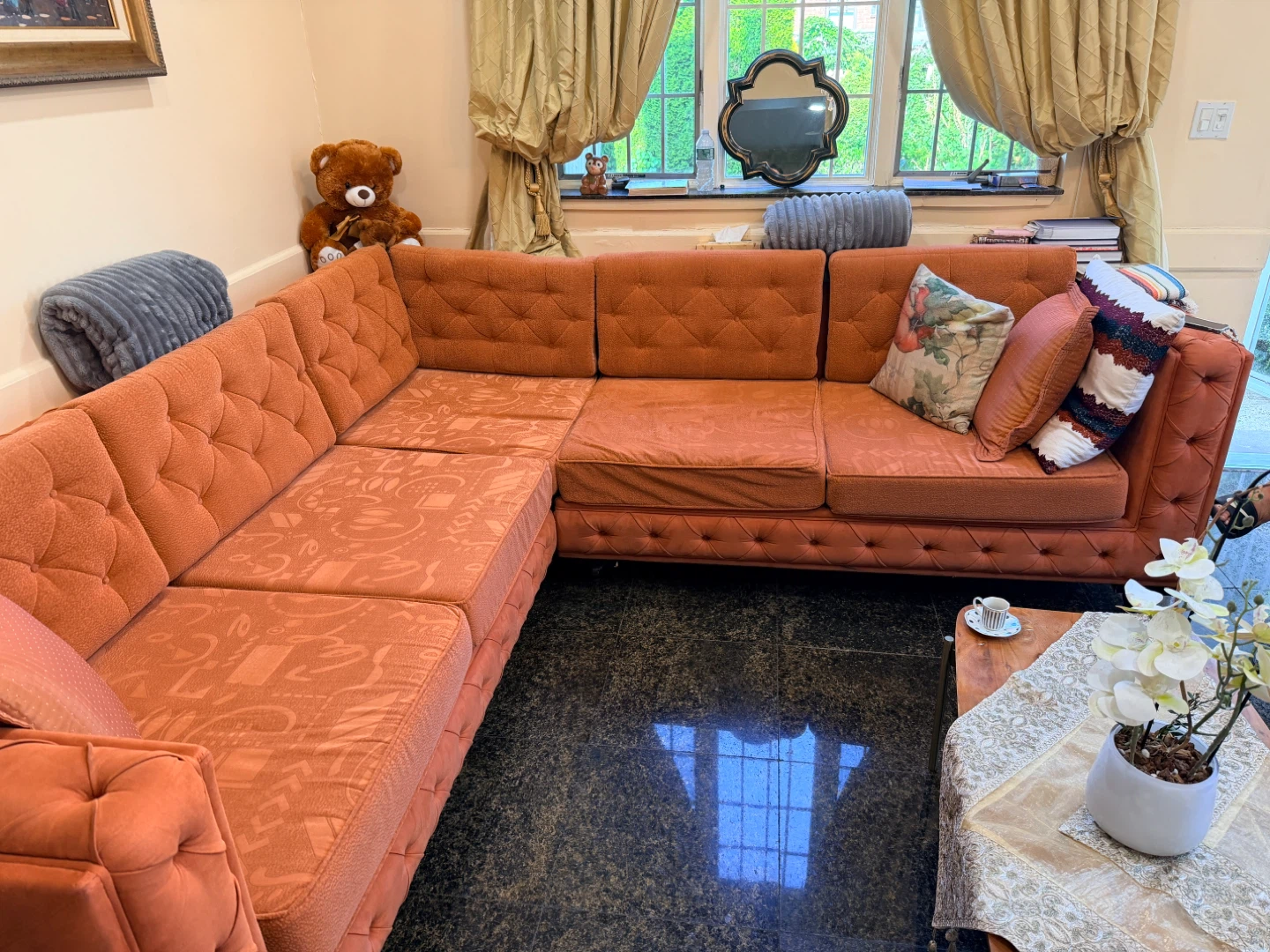 Orange Tufted Sectional Sofa- open for offers