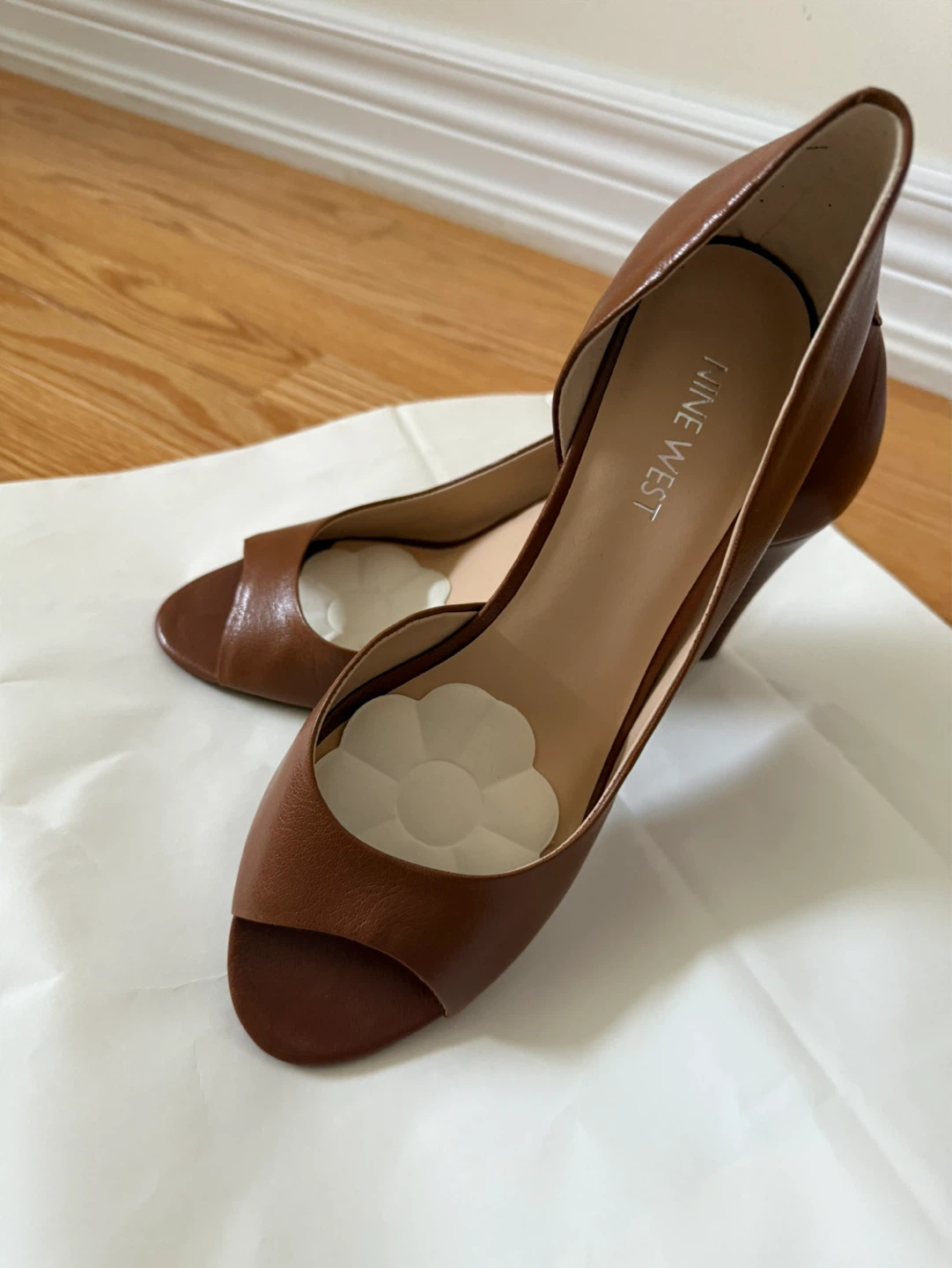 Nine West Tan Leather Peep-Toe Wedge Heels