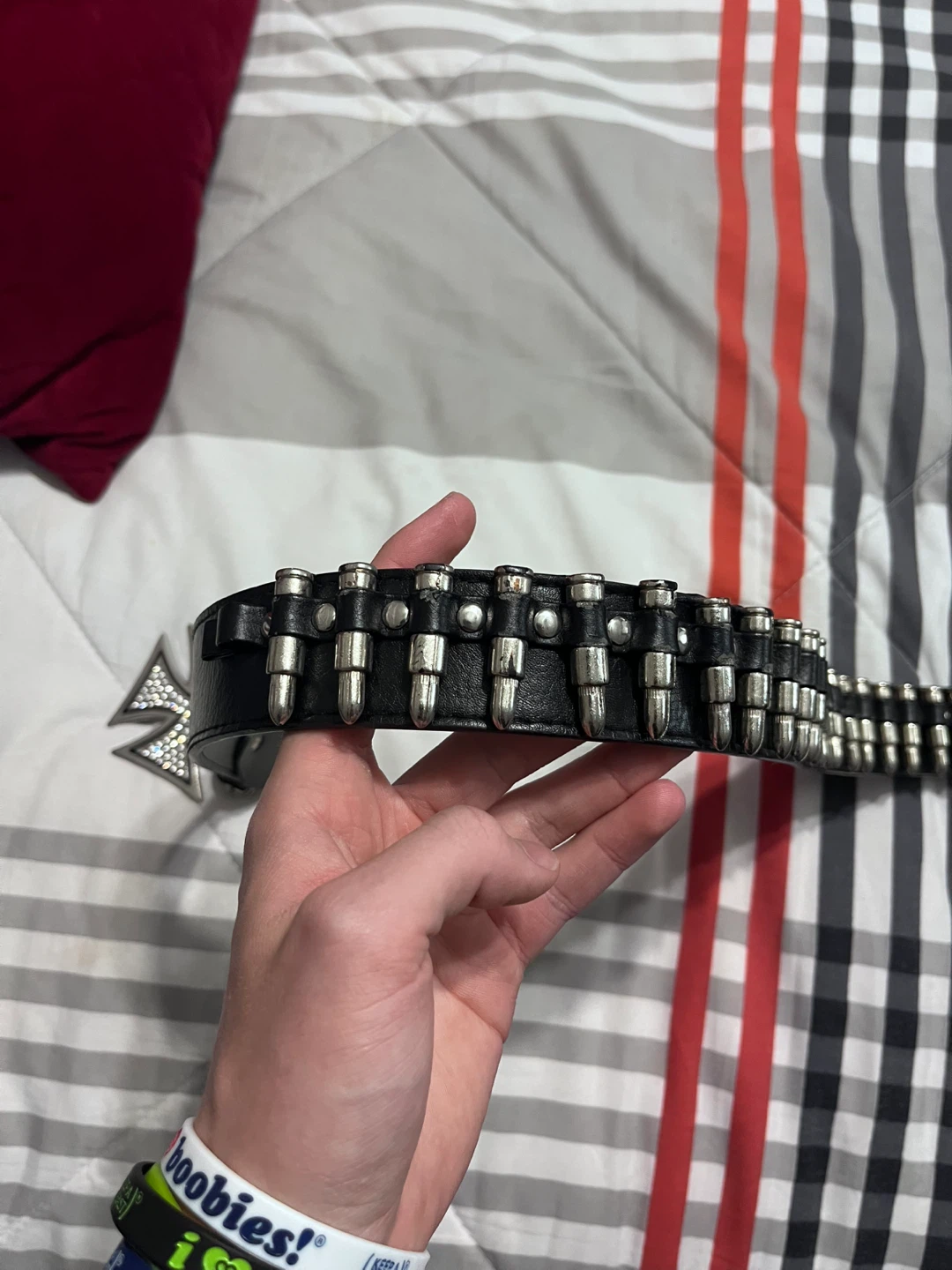 Black Leather Belt with Bullet & Rhinestone Cross Buckle - photo 3