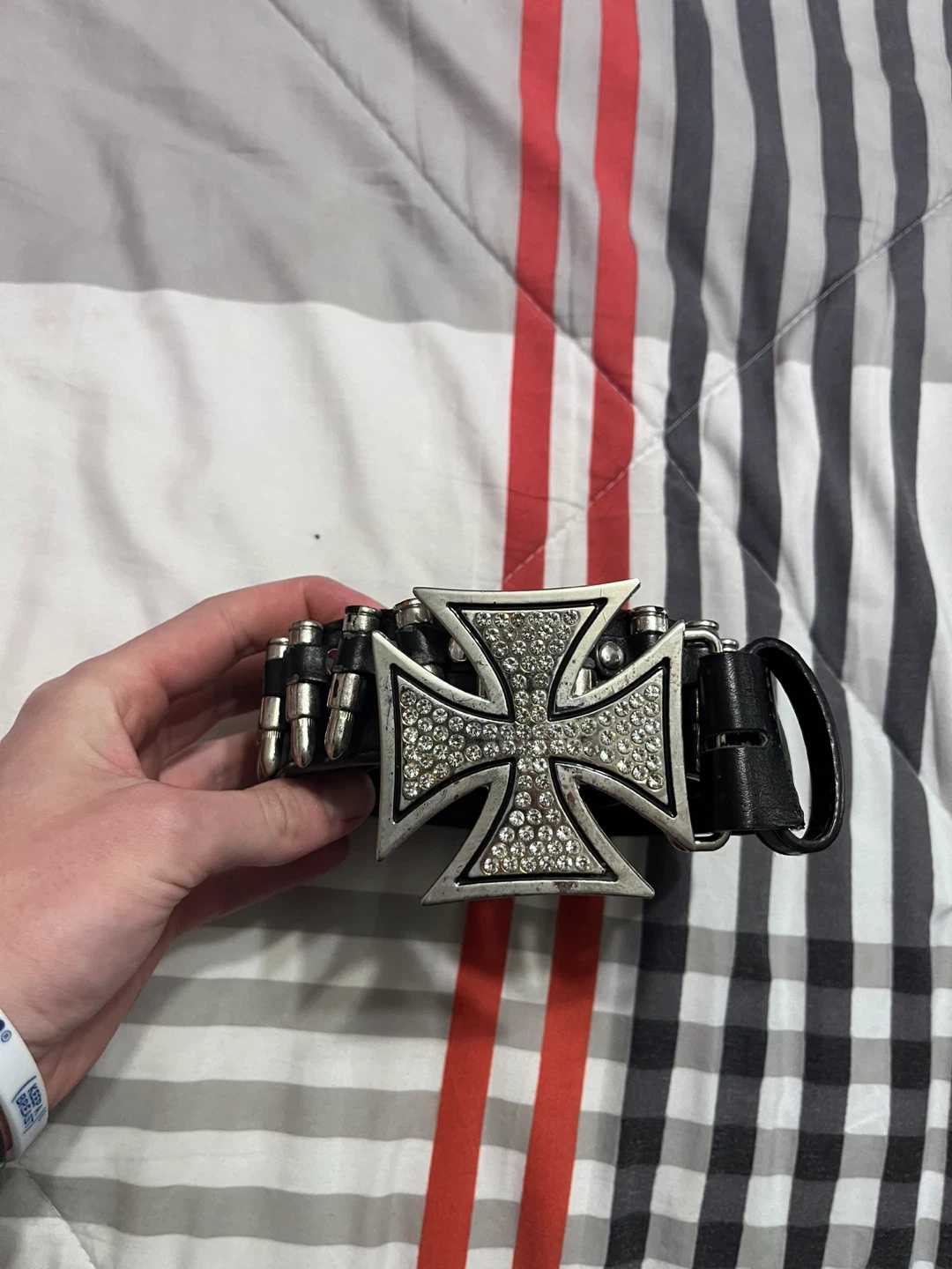Black Leather Belt with Bullet & Rhinestone Cross Buckle - photo 2