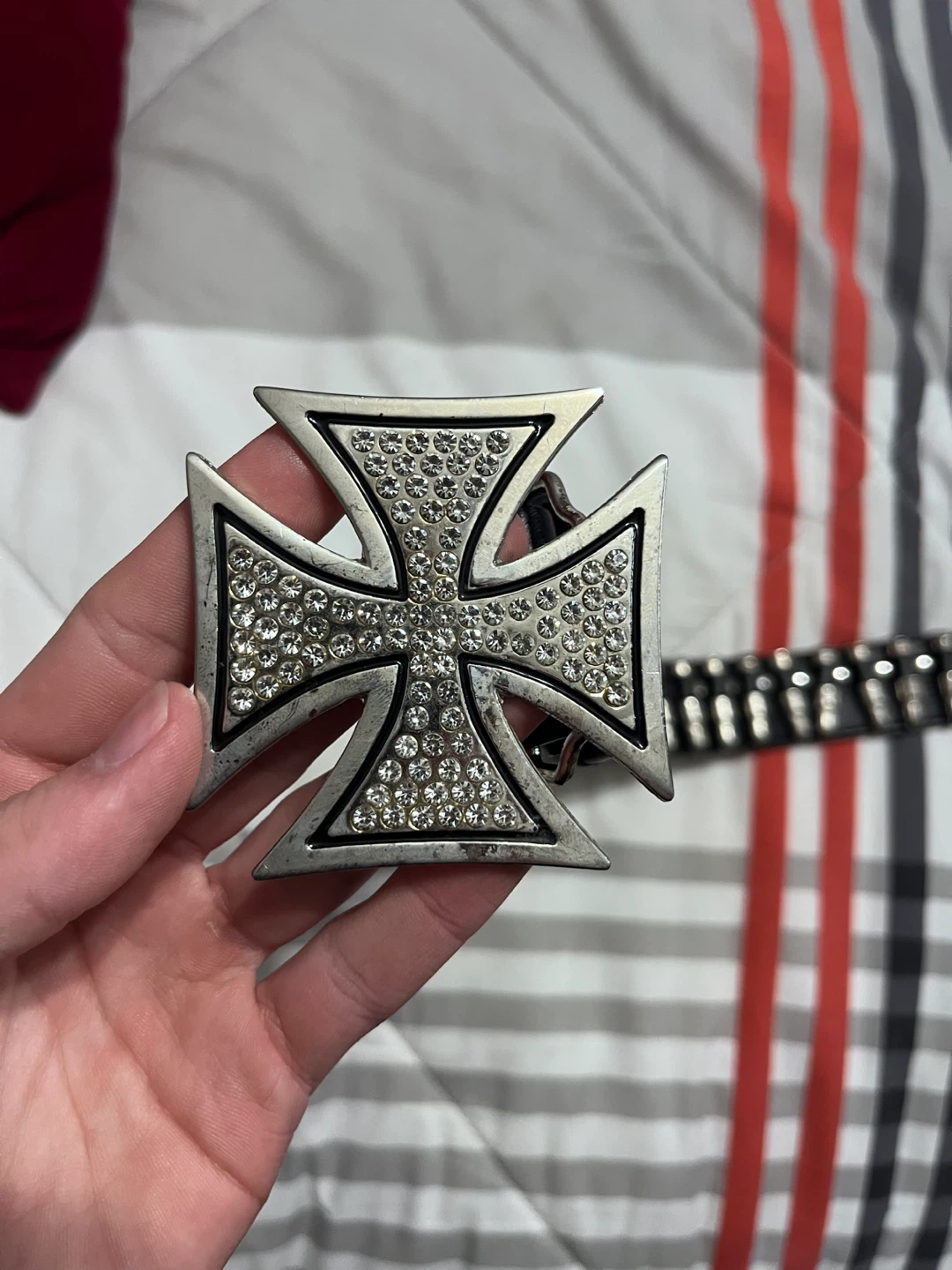 Black Leather Belt with Bullet & Rhinestone Cross Buckle