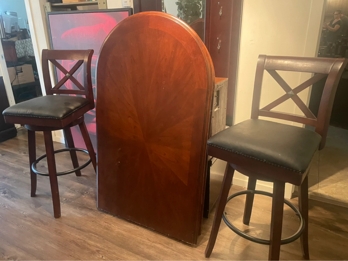 Wooden Table and Bar Stools with Upholstered Seats
