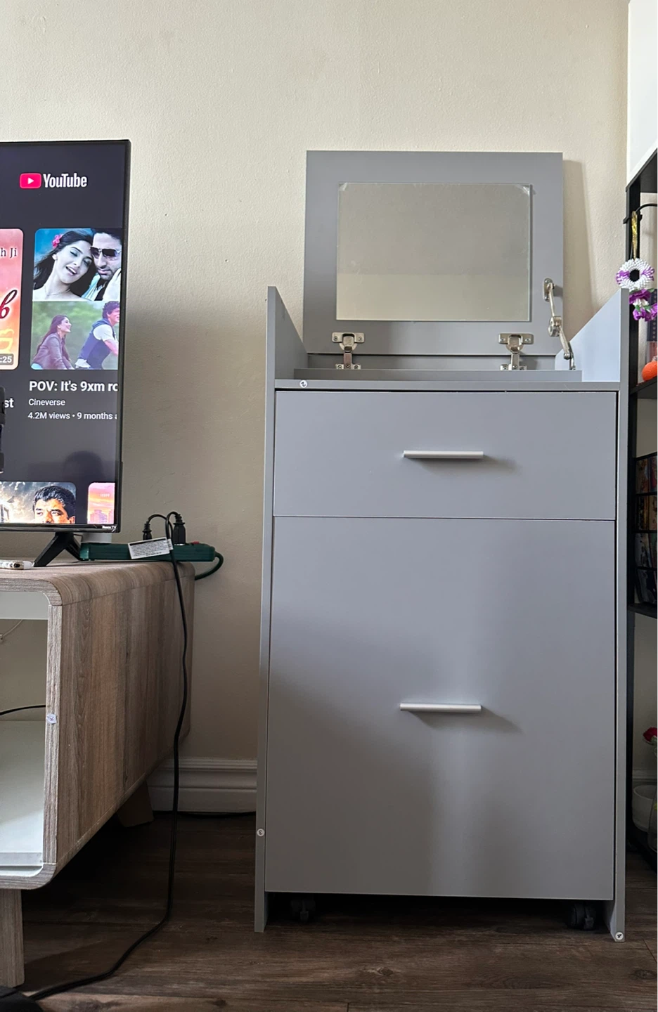NEW Grey Vanity Table with Mirror and Stool