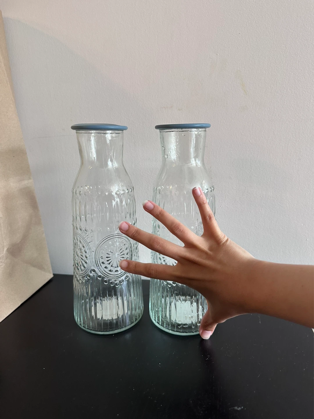 Set of 2 Clear Embossed Glass Water Bottles - photo 2