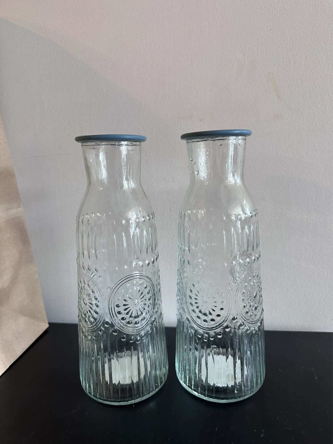 Set of 2 Clear Embossed Glass Water Bottles