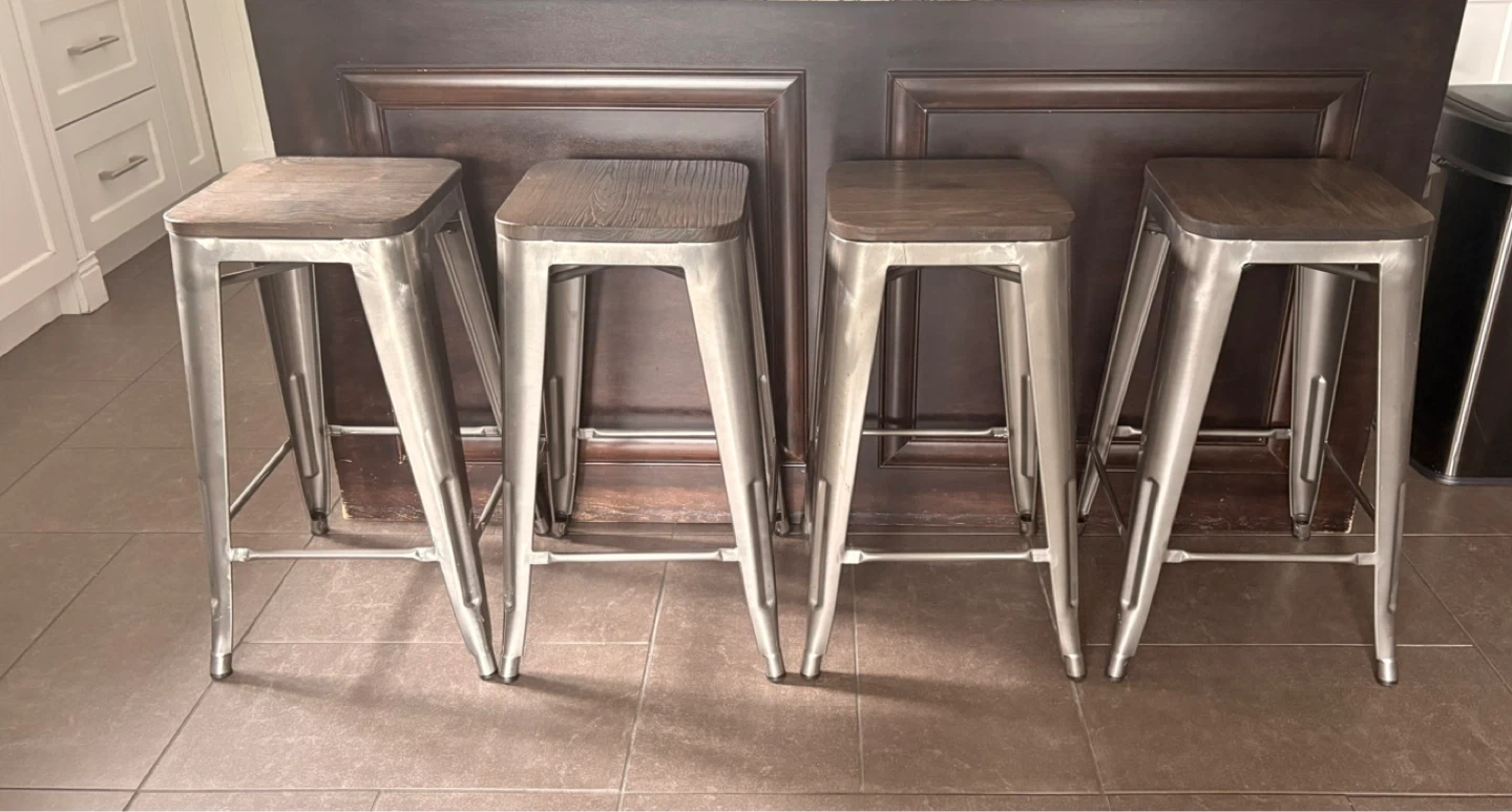 Set of 4 Metal Bar Stools with Wooden Seat