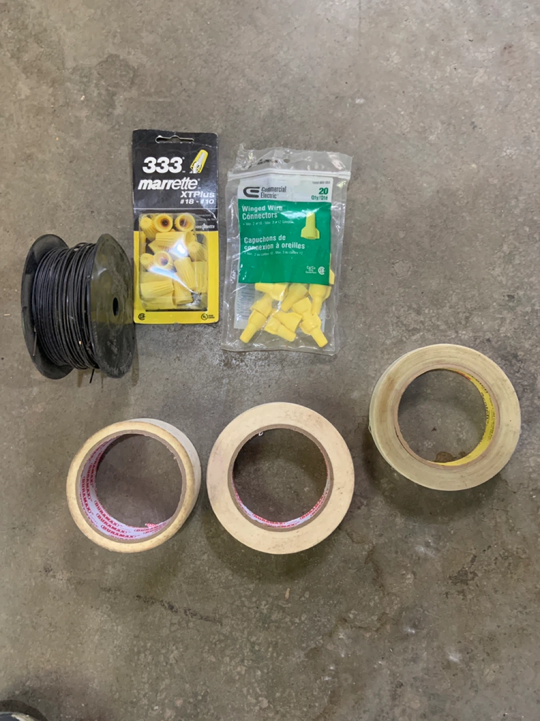 Electrical Supplies Lot: Wire Connectors, Tape, and Wire Spool