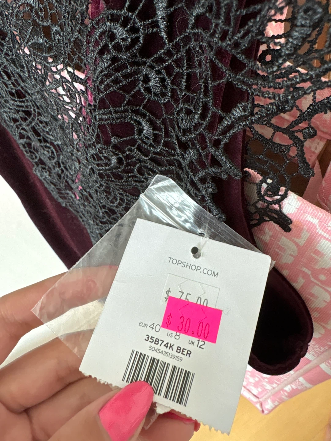 TOPSHOP Wine Velvet Lace Dress - Tag On - photo 3