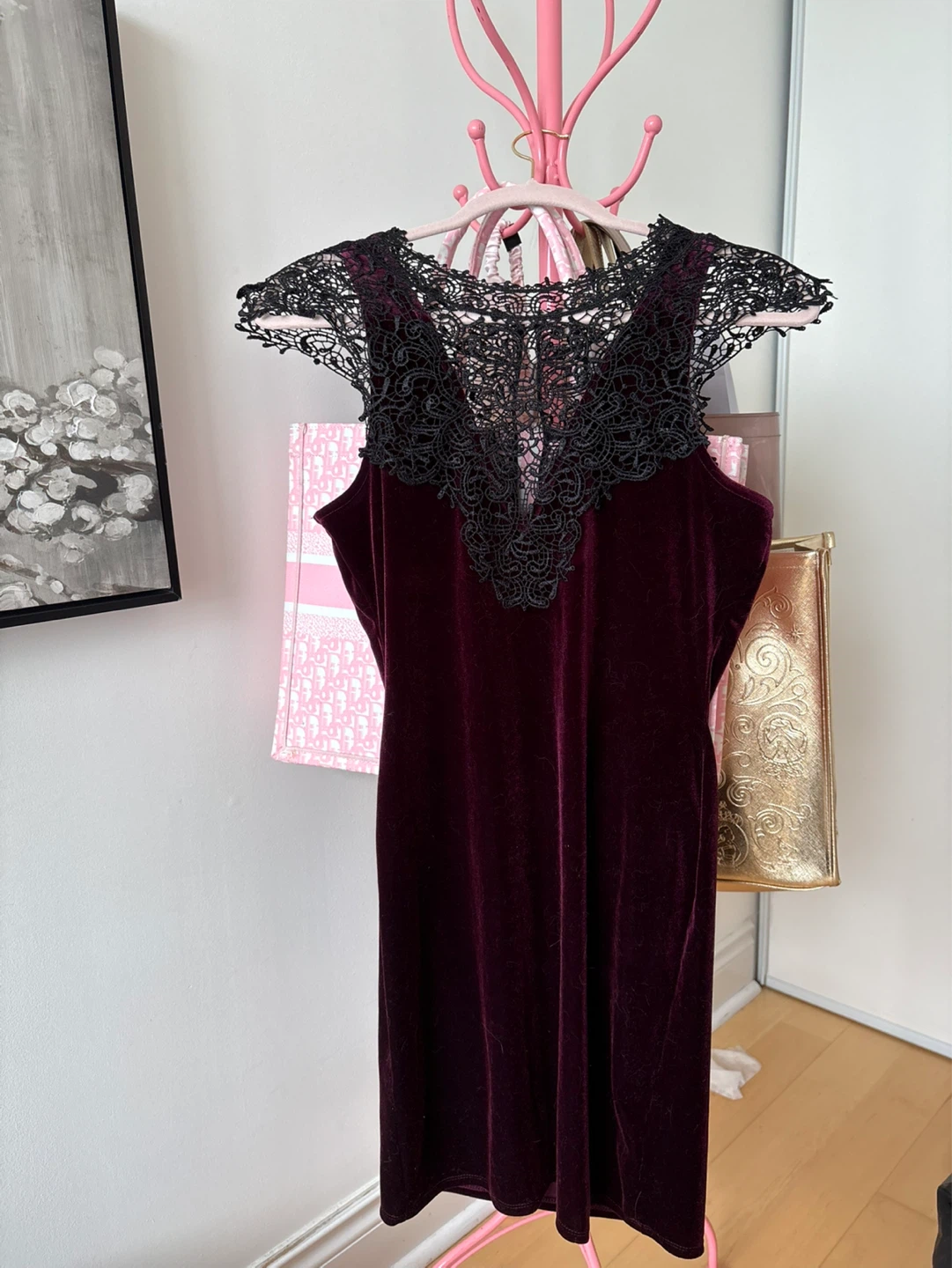 TOPSHOP Wine Velvet Lace Dress - Tag On